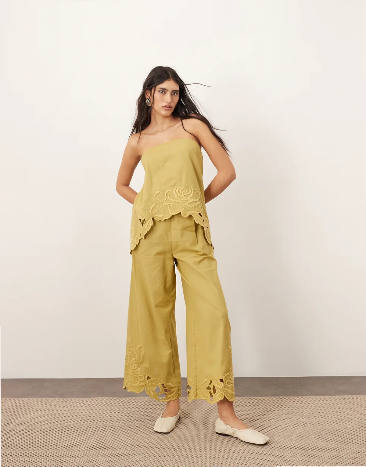 cotton embroidered floral cutwork pants in olive green - part of a set