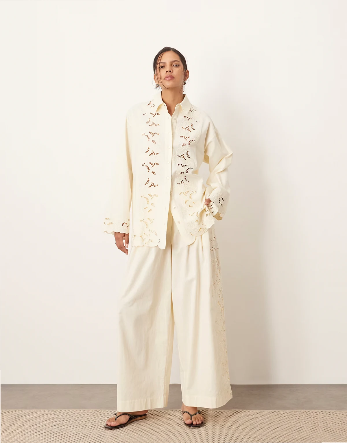 embroidered cutwork pants in ecru - part of a set