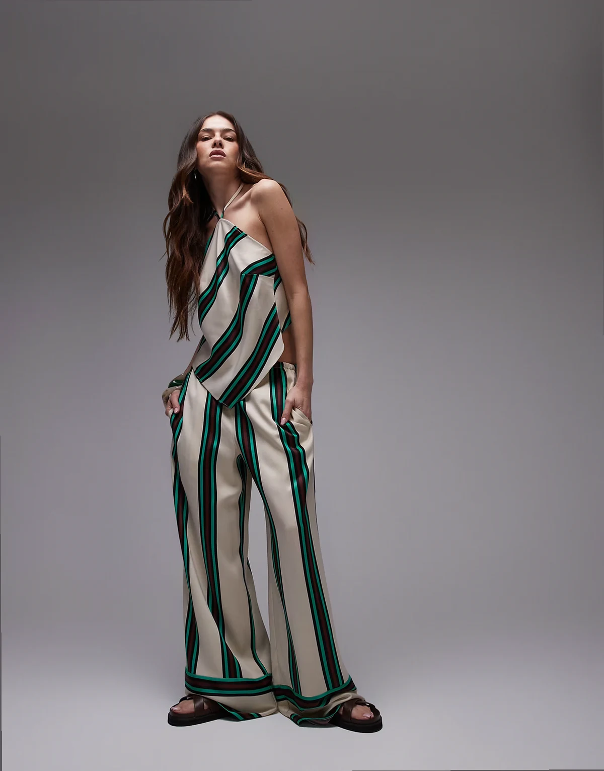 mid rise deep cuff satin pants in beige with burgundy and teal stripes - part of a set