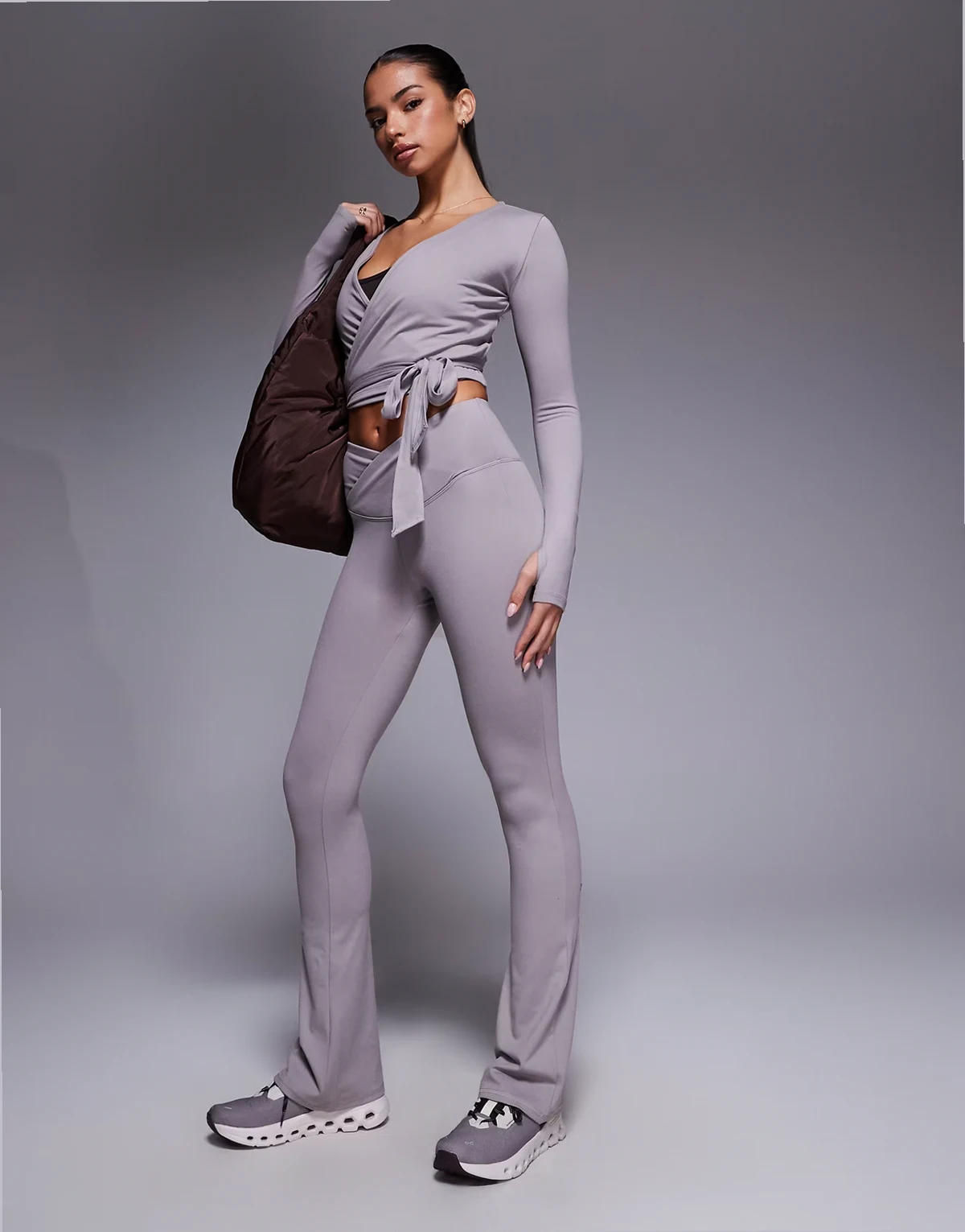 Icon soft touch wrap waist slim kick yoga leggings in mink