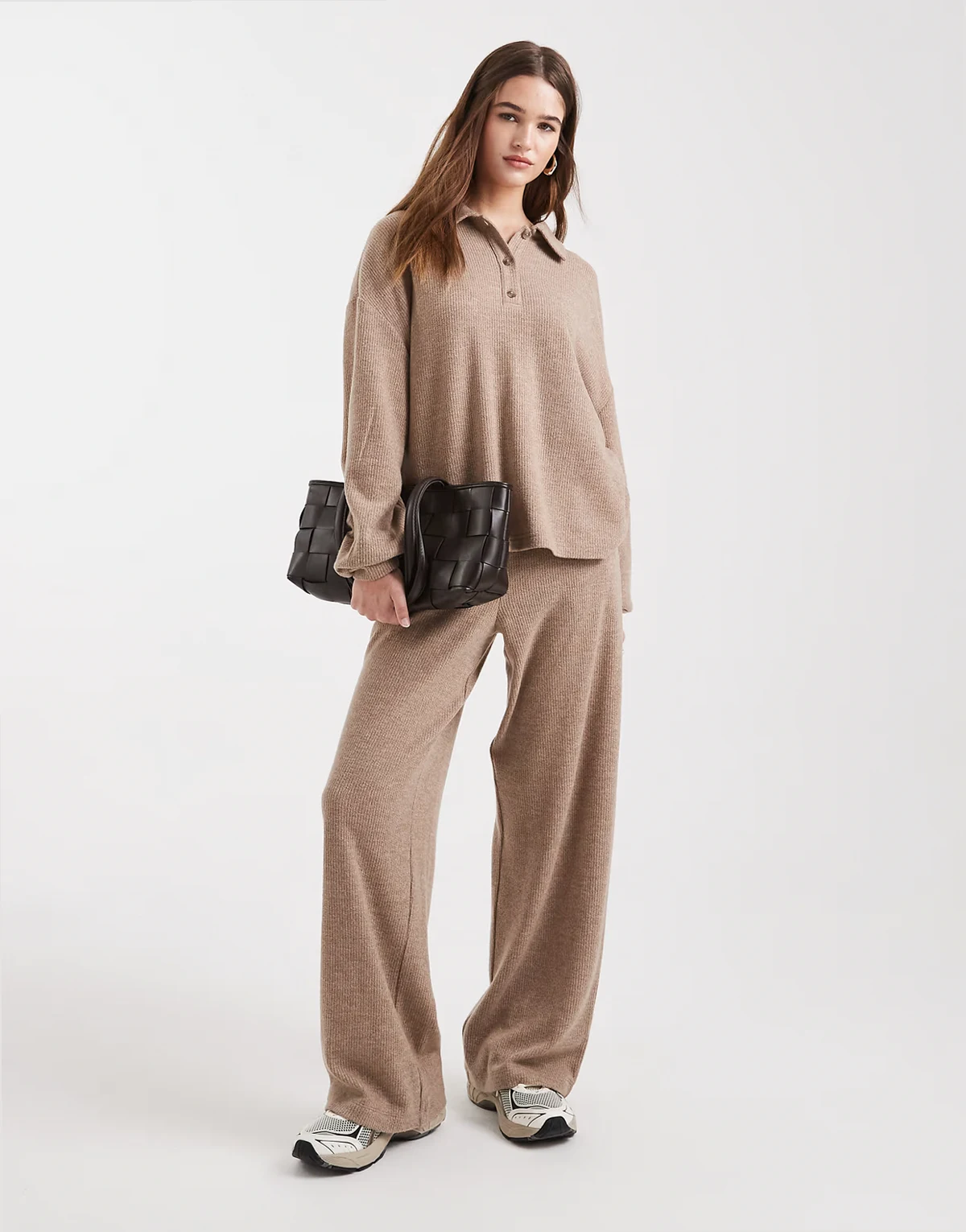 brushed jersey wide leg pants in camel - part of a set