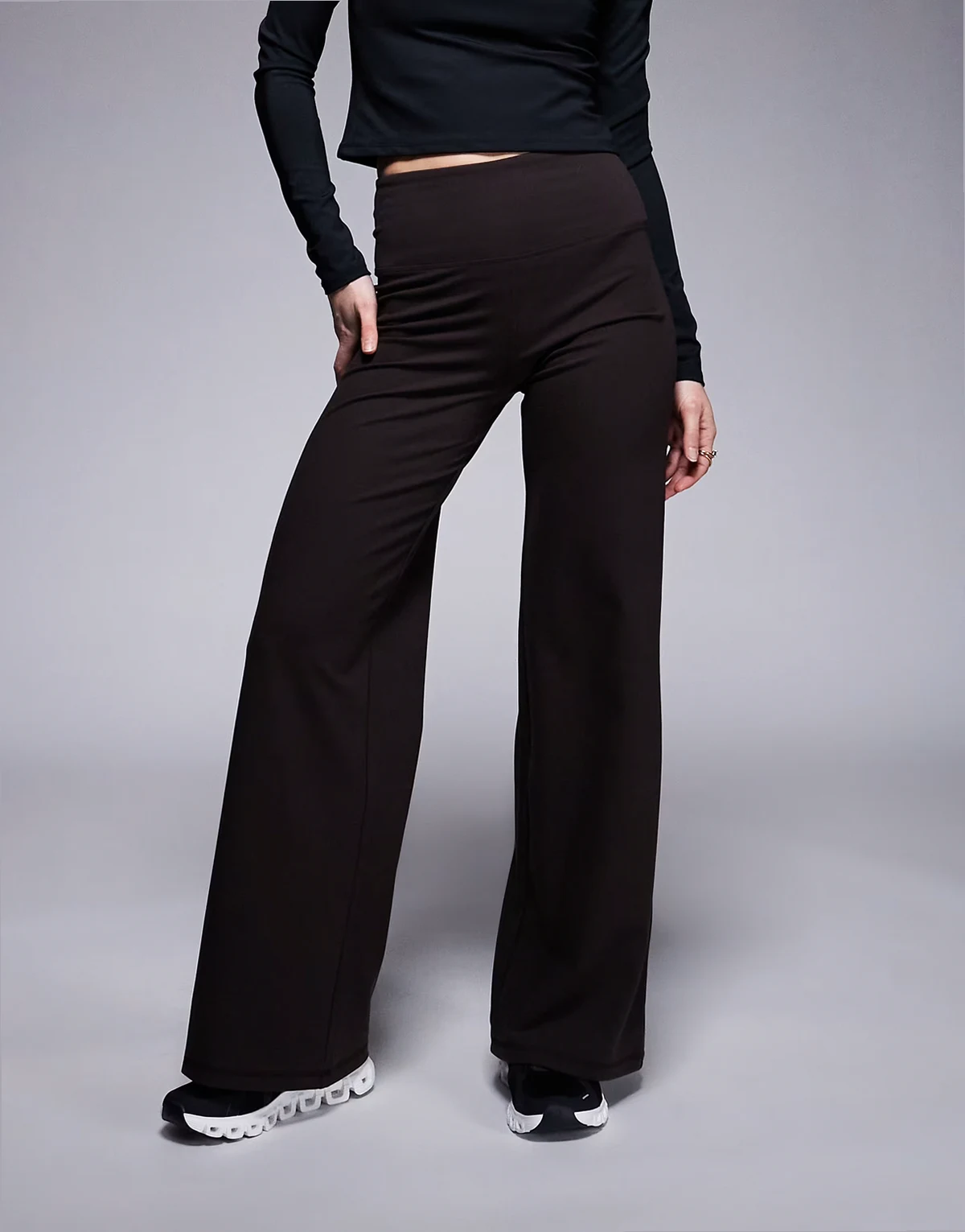 Petite Icon soft touch high waist wide leg dance pants in dark chocolate