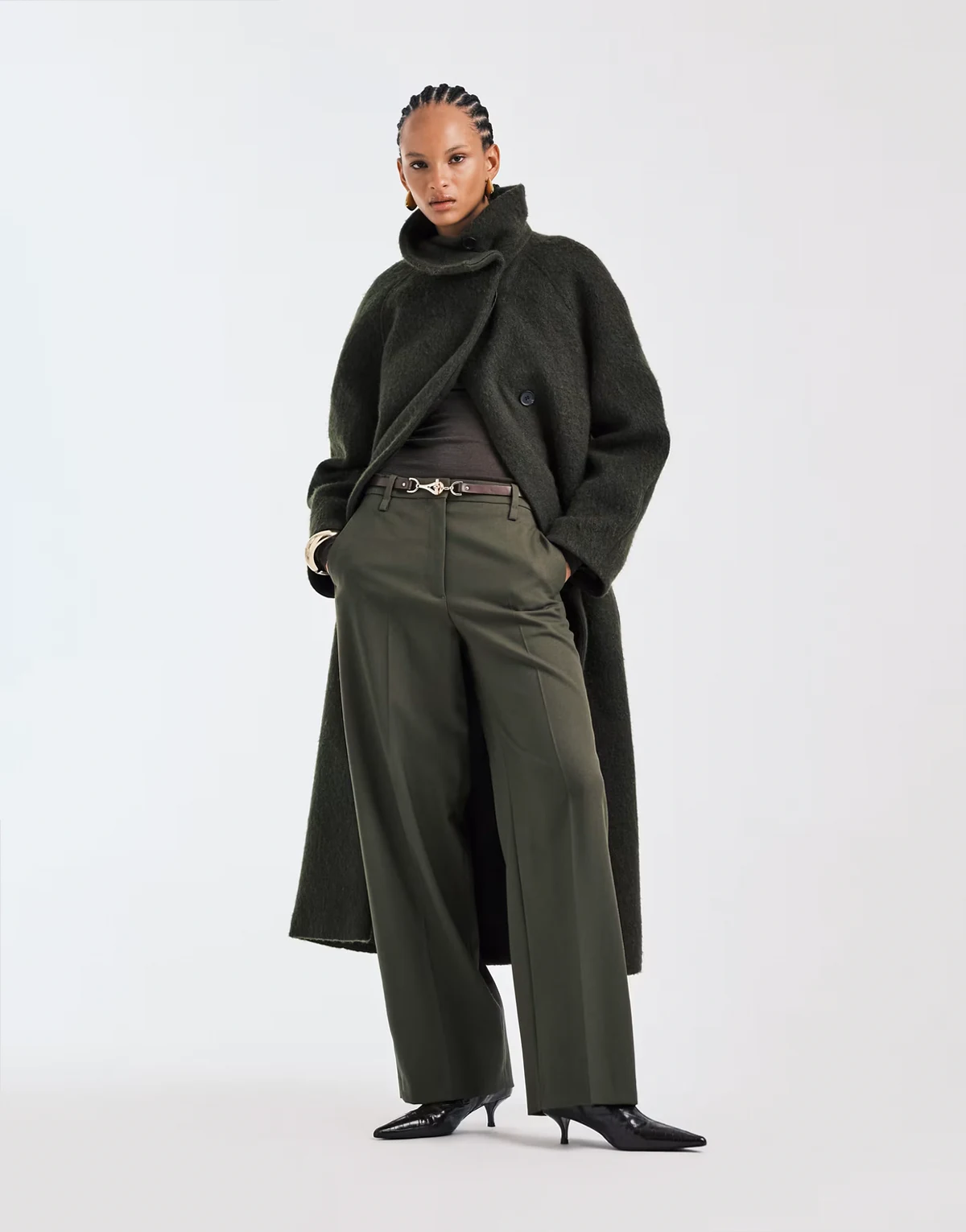 pure wool straight leg pants with flat front in olive green