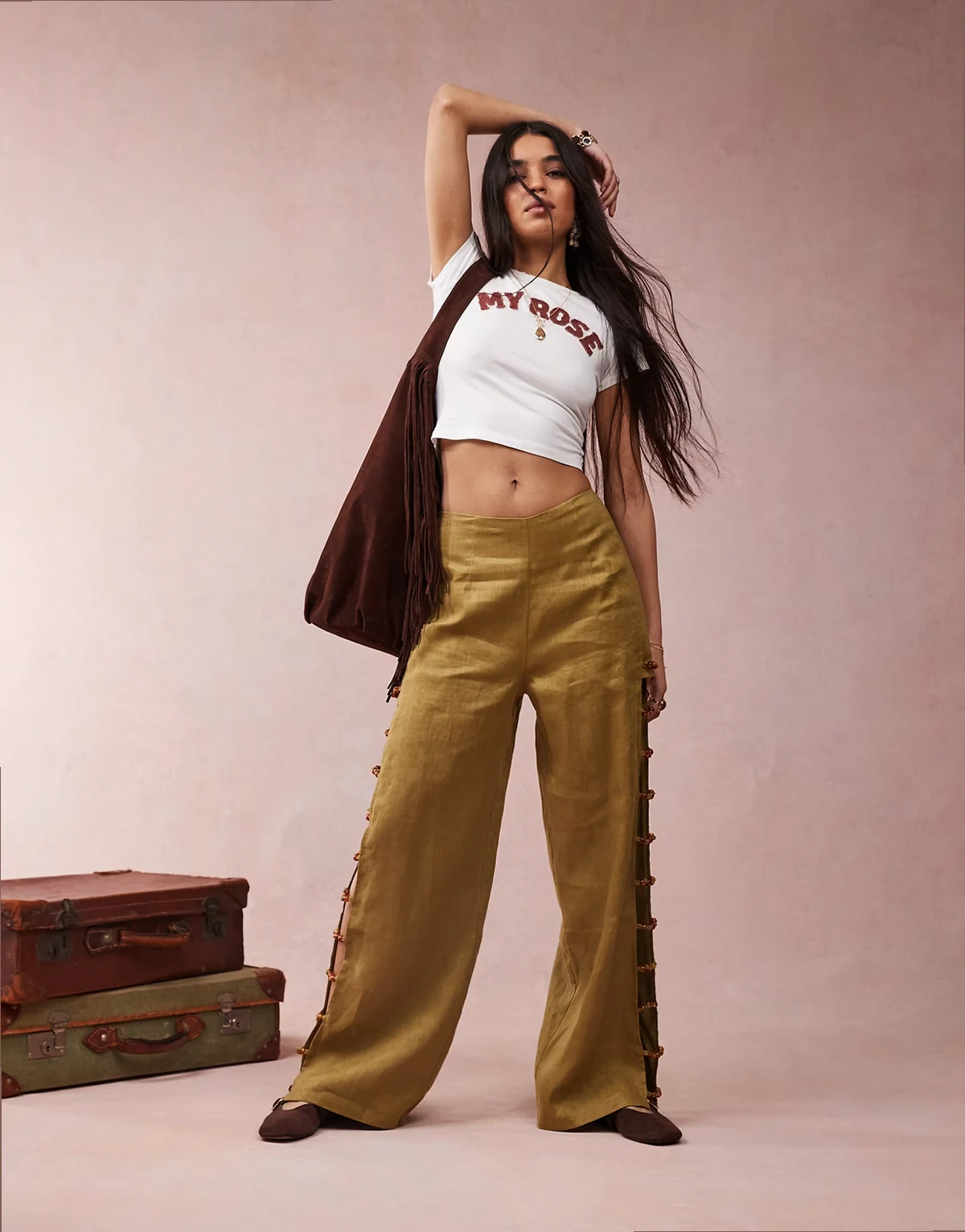 tia linen pants with bead detailing in olive - part of a set
