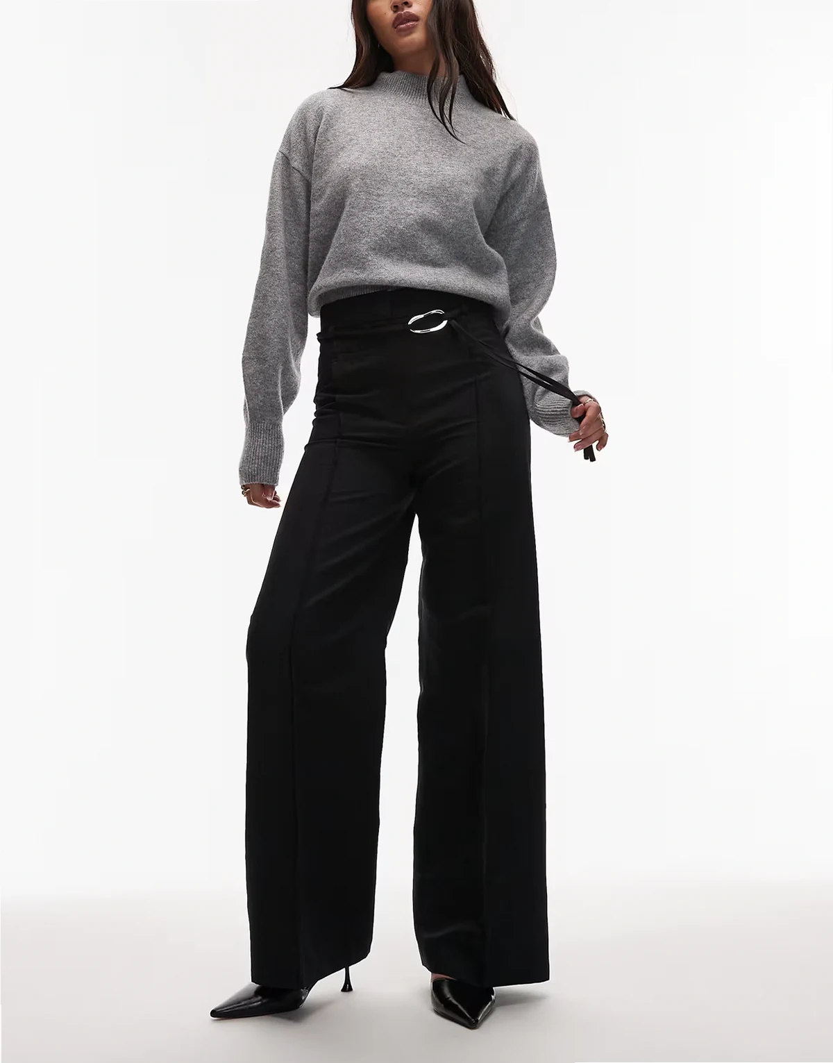 tie belt flared tailored pants in black