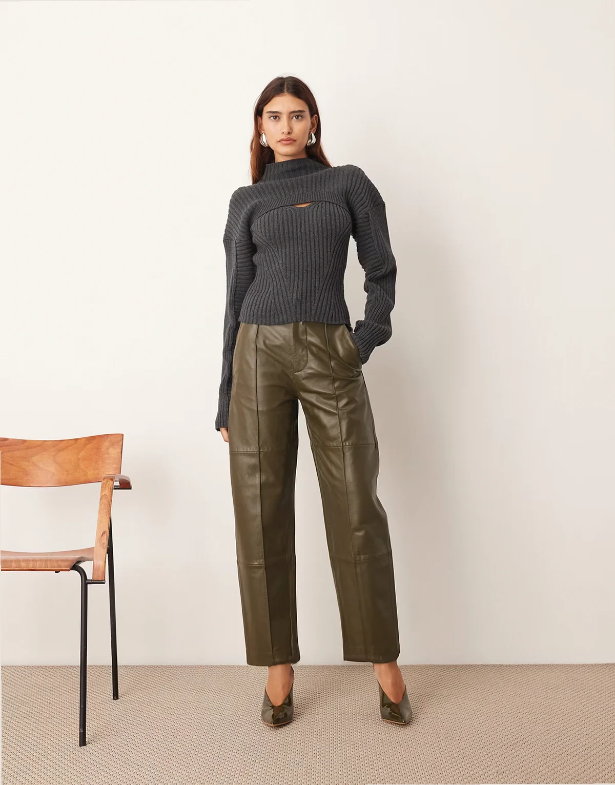 leather slim pants in olive green