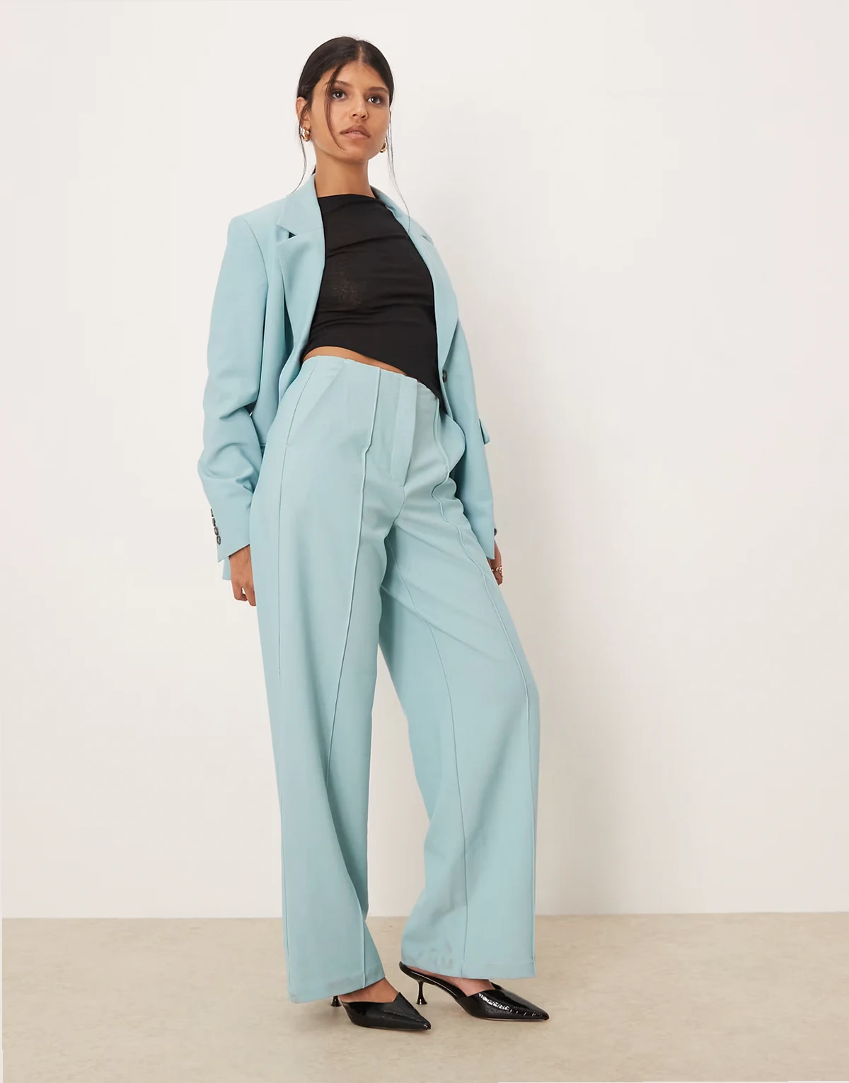high waist wide leg tailored pants in teal blue - part of a set