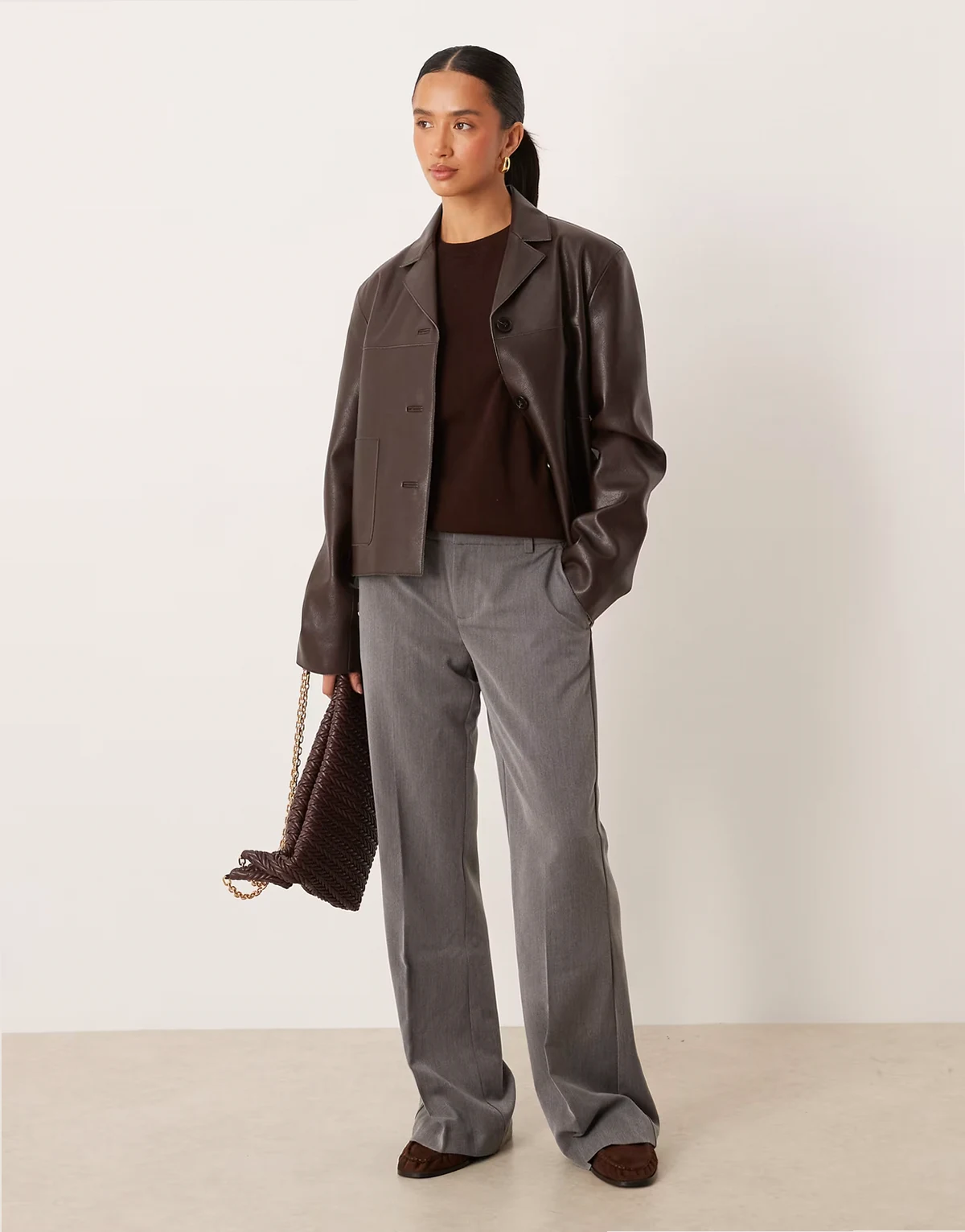 Gina Tricot – Petite – Locker geschnittene, elegante Hose in meliertem Grau