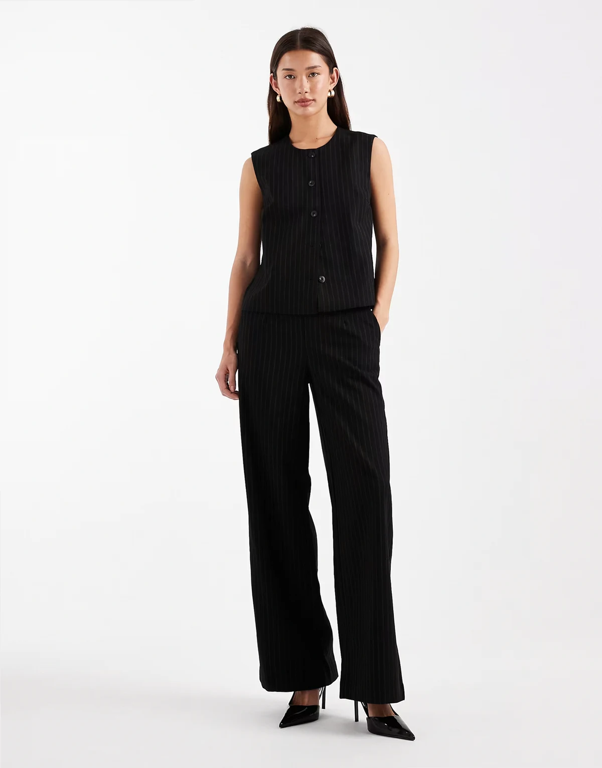 mid rise pull on dress pants in black gray pinstripes - part of a set