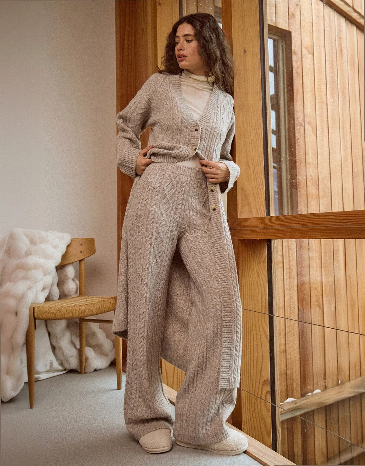 wool blend cable knit relaxed wide leg pants in taupe - part of a set
