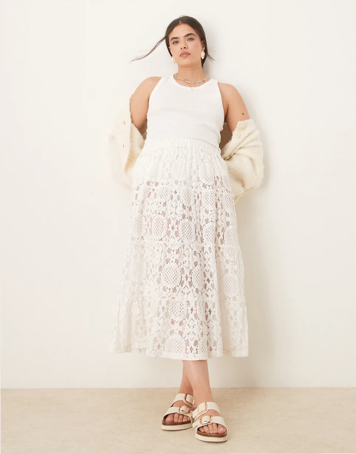 ASOS DESIGN Curve Premium – Biała prześwitująca spódnica maxi z fakturowanej koronki