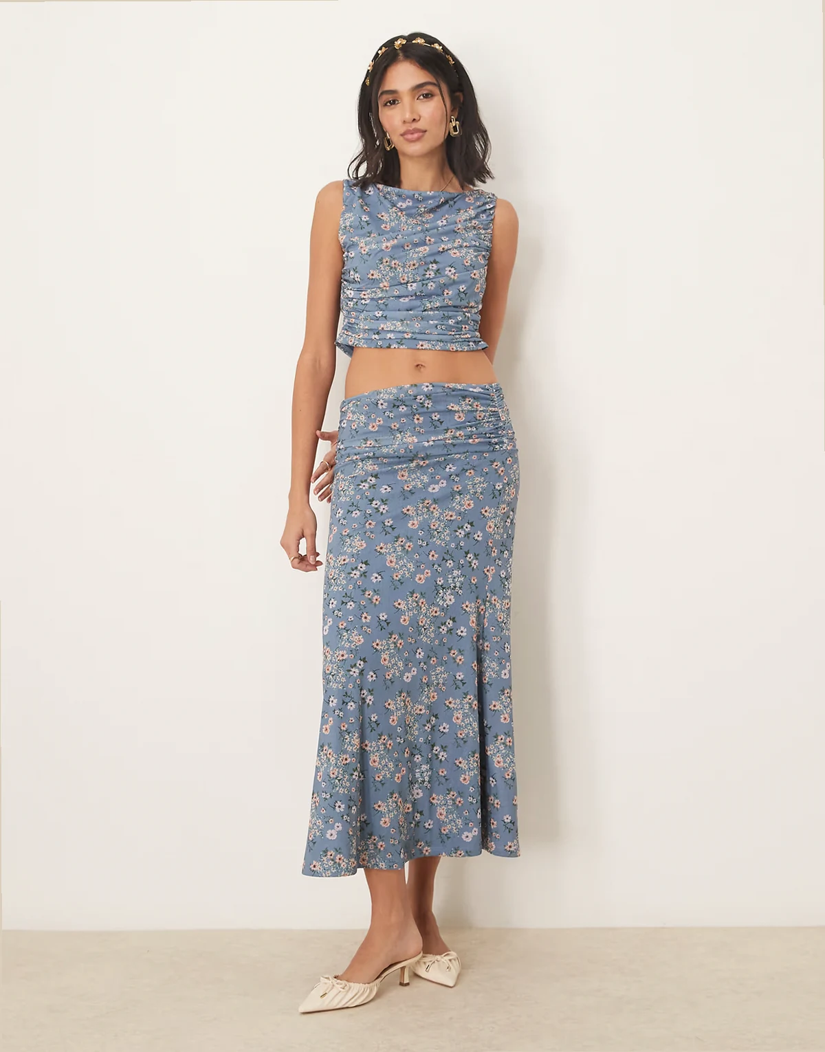 ruched drape maxi skirt in blue floral - part of a set