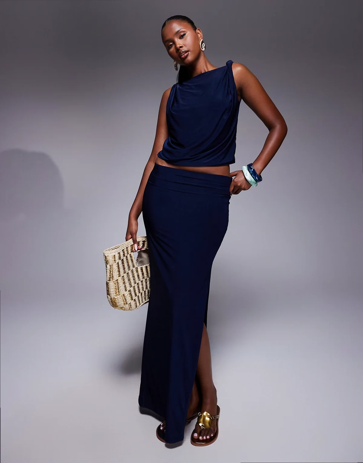slinky maxi skirt with slit in navy - part of a set