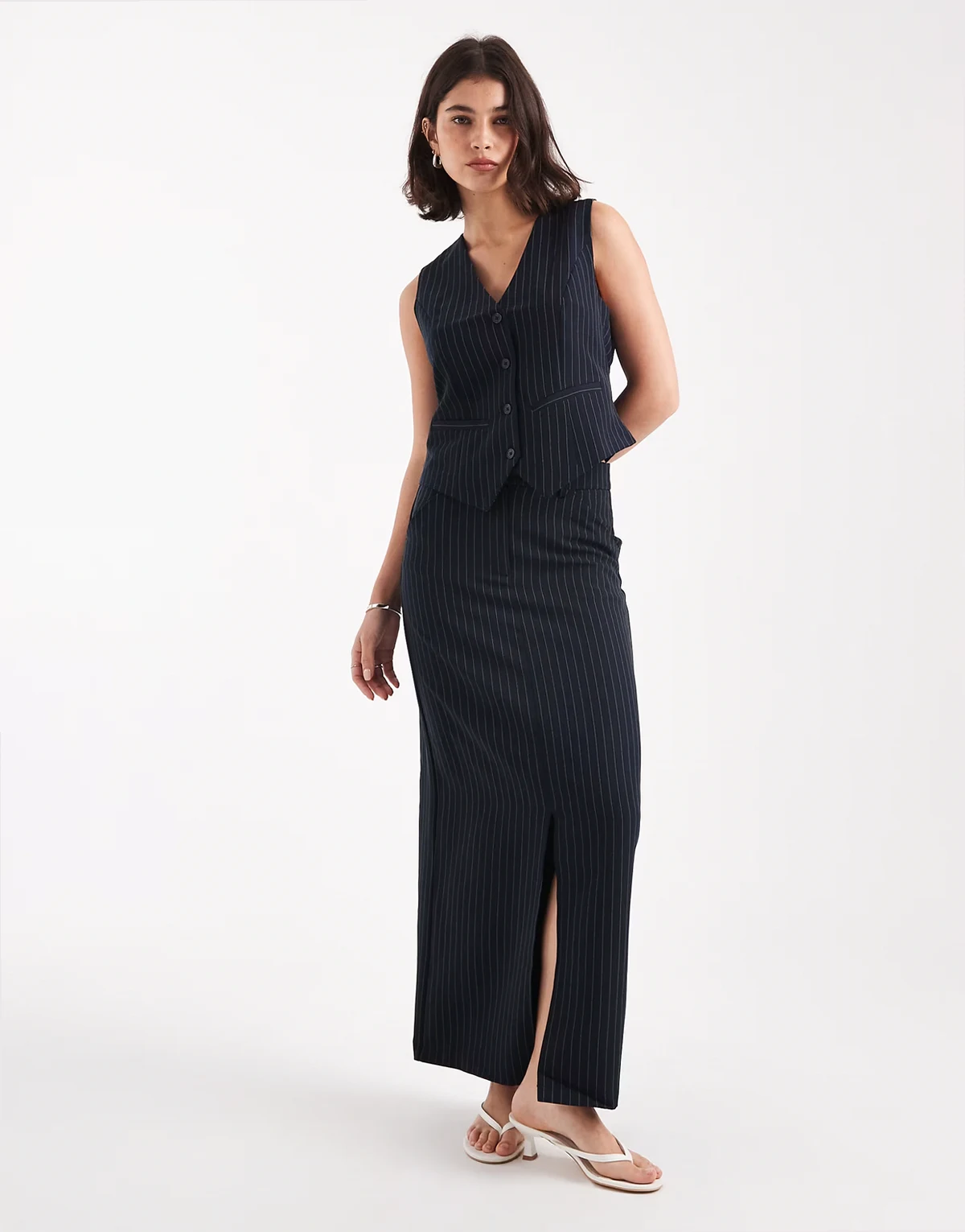 tailored maxi skirt in navy pinstripe - part of a set