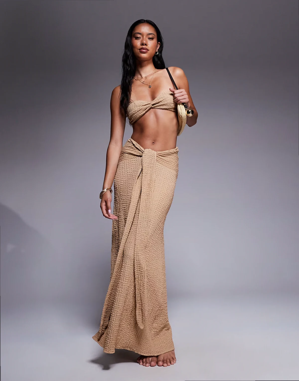 Ozzy textured knot front maxi beach skirt in cream