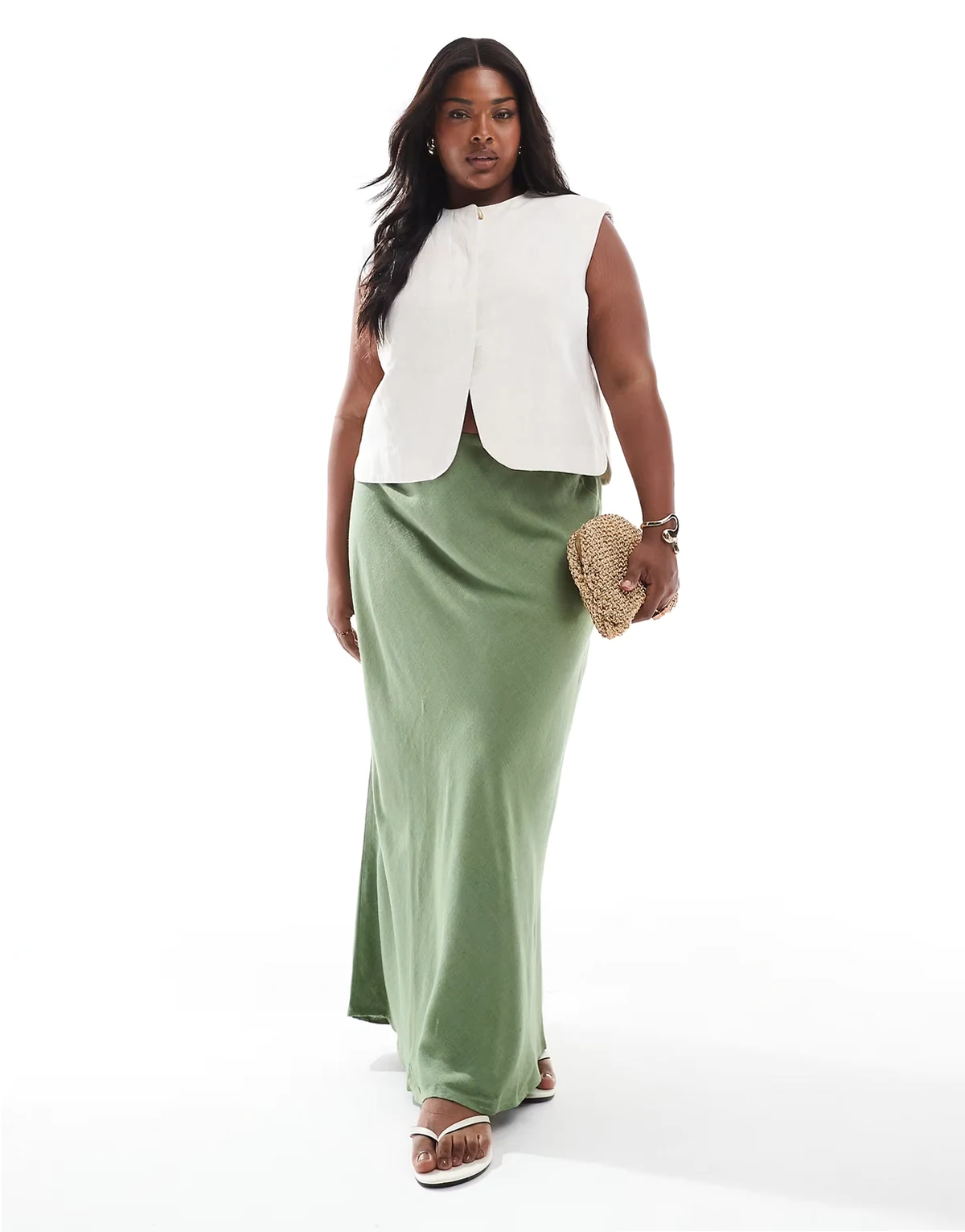 ASOS DESIGN Curve – Spódnica maxi ze skosu z domieszką lnu w kolorze khaki