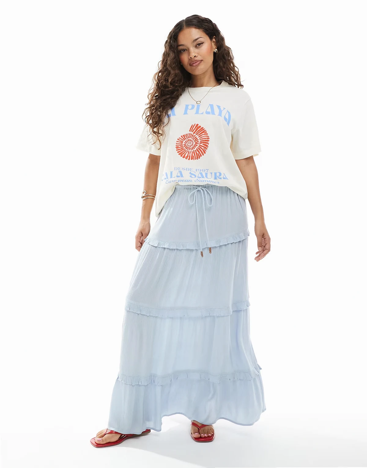 tiered maxi skirt in light blue
