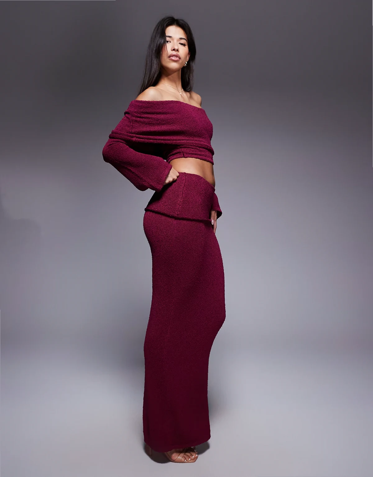 Exclusive Yasmin boucle knit dramatic foldover maxi skirt in cherry - part of a set