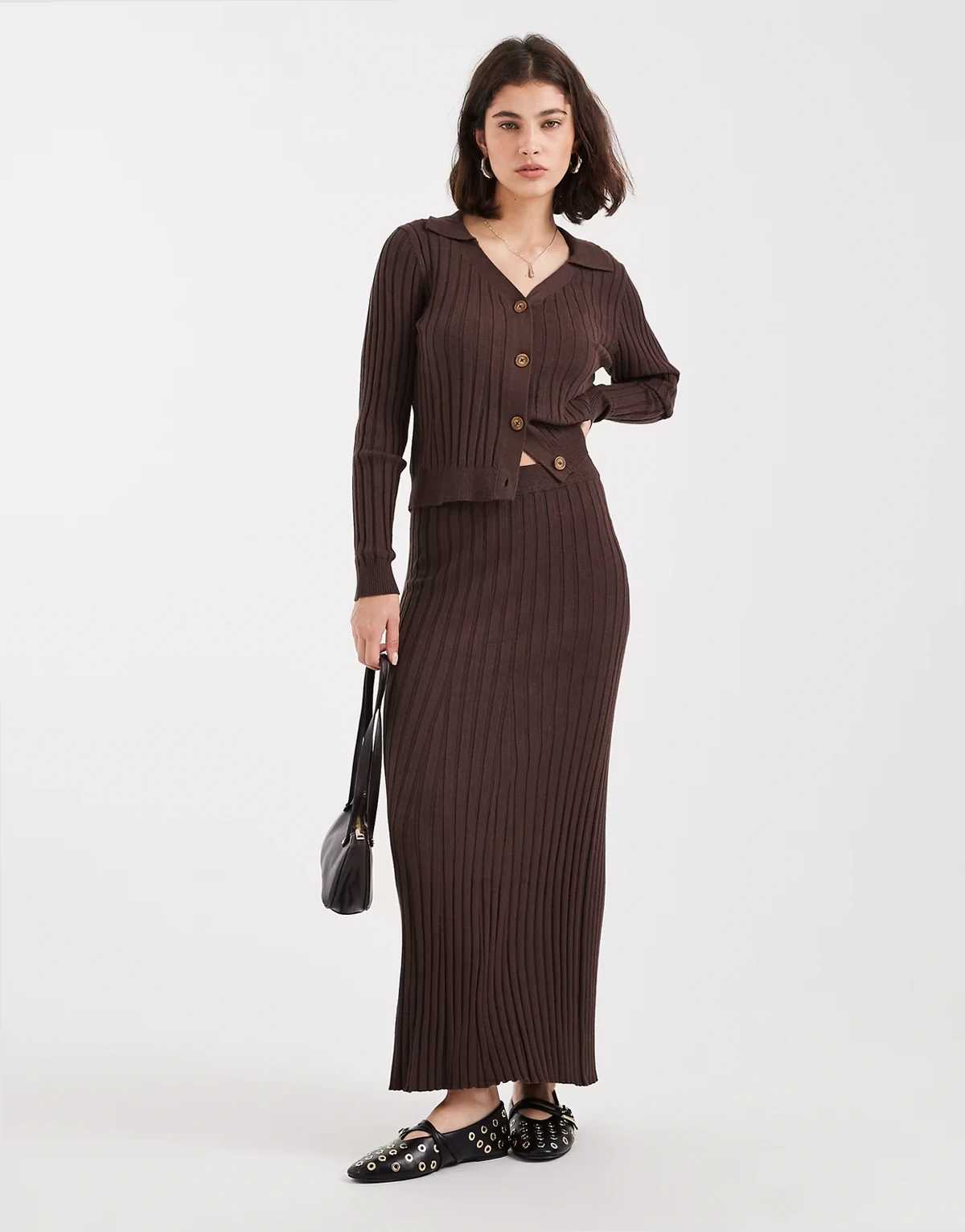 ribbed knit maxi skirt in chocolate brown - part of a set