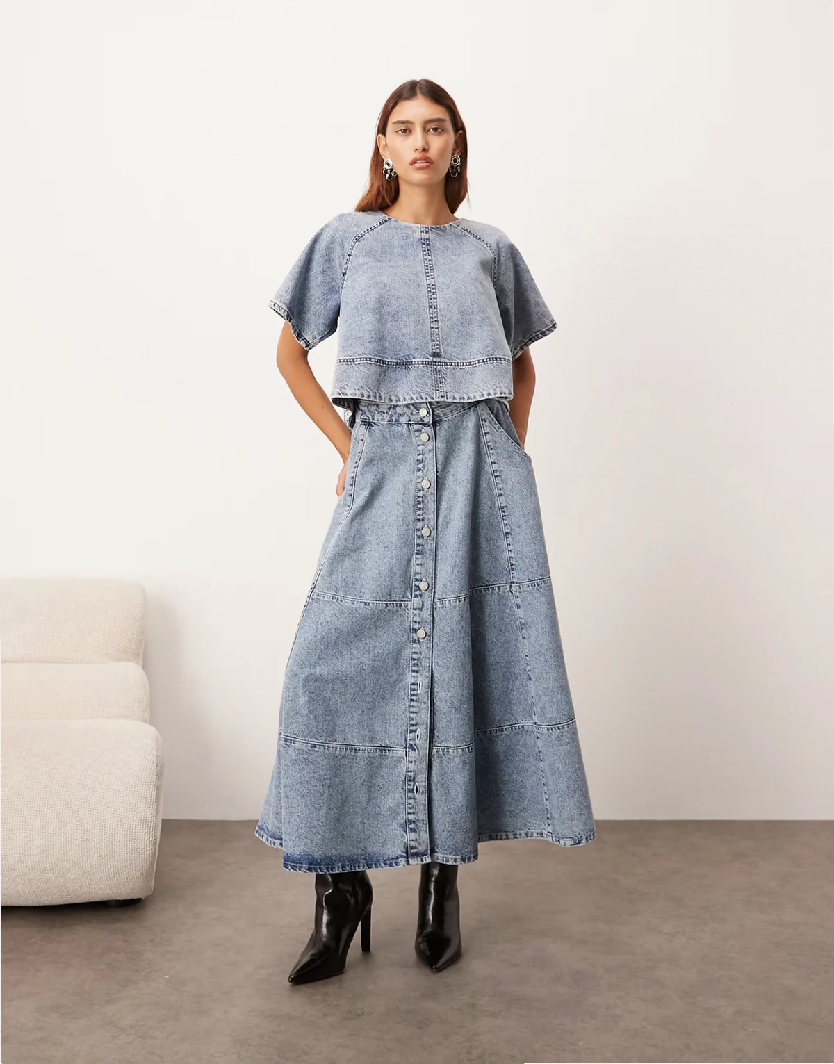denim button up midi skirt in mid-blue wash - part of a set
