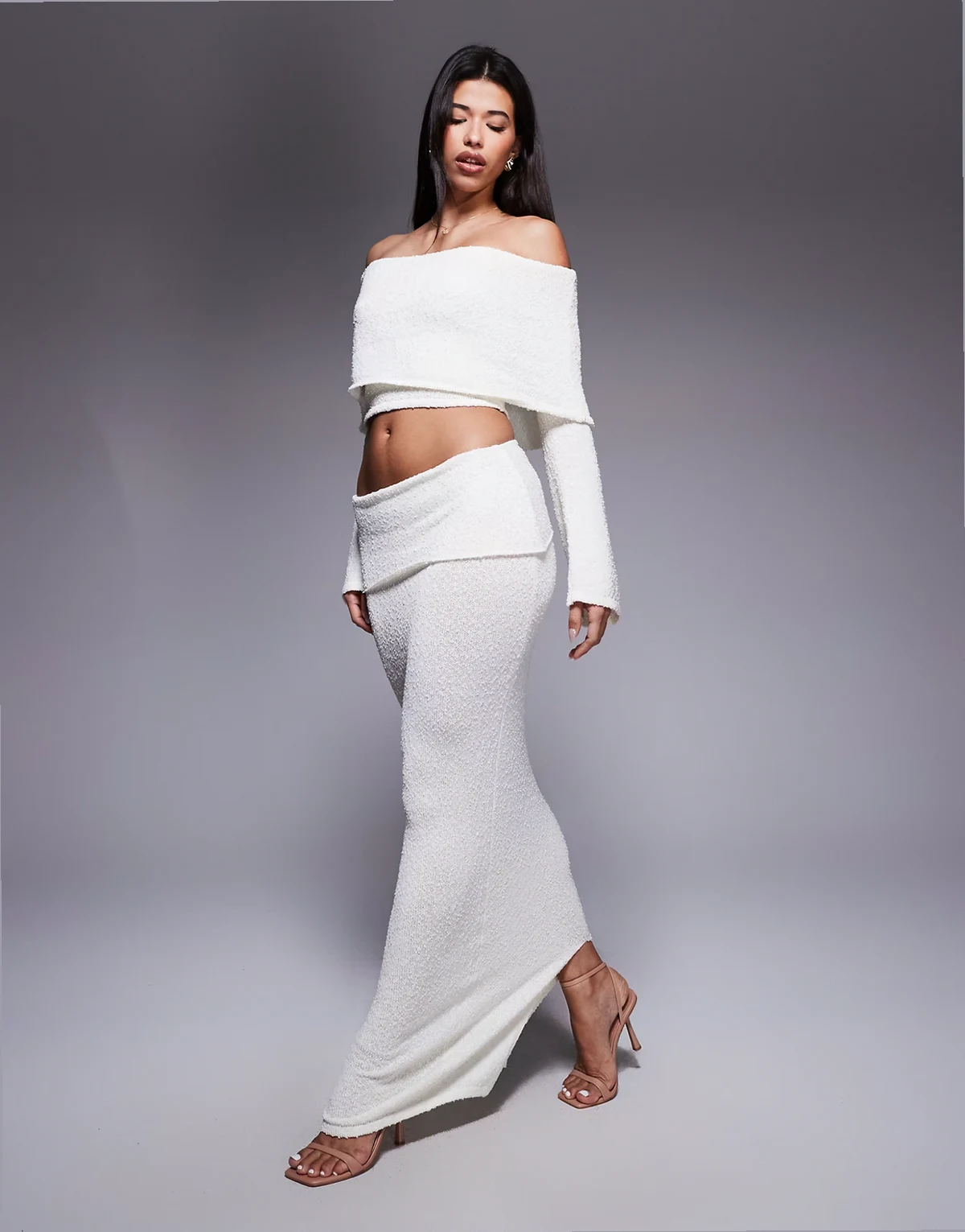 Yasmin boucle knit dramatic foldover maxi skirt in cream - part of a set
