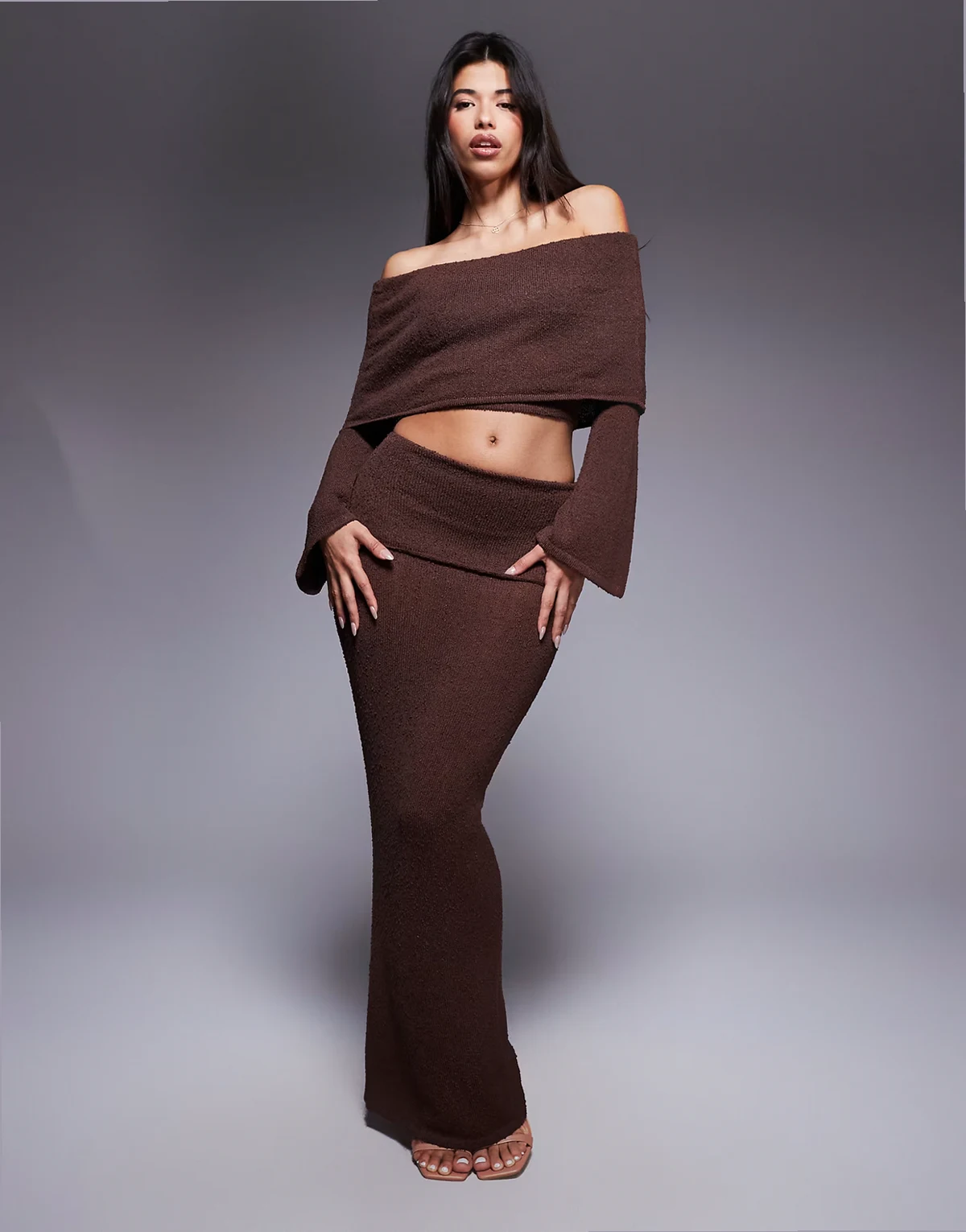 Yasmin boucle knit dramatic foldover maxi skirt in dark chocolate - part of a set