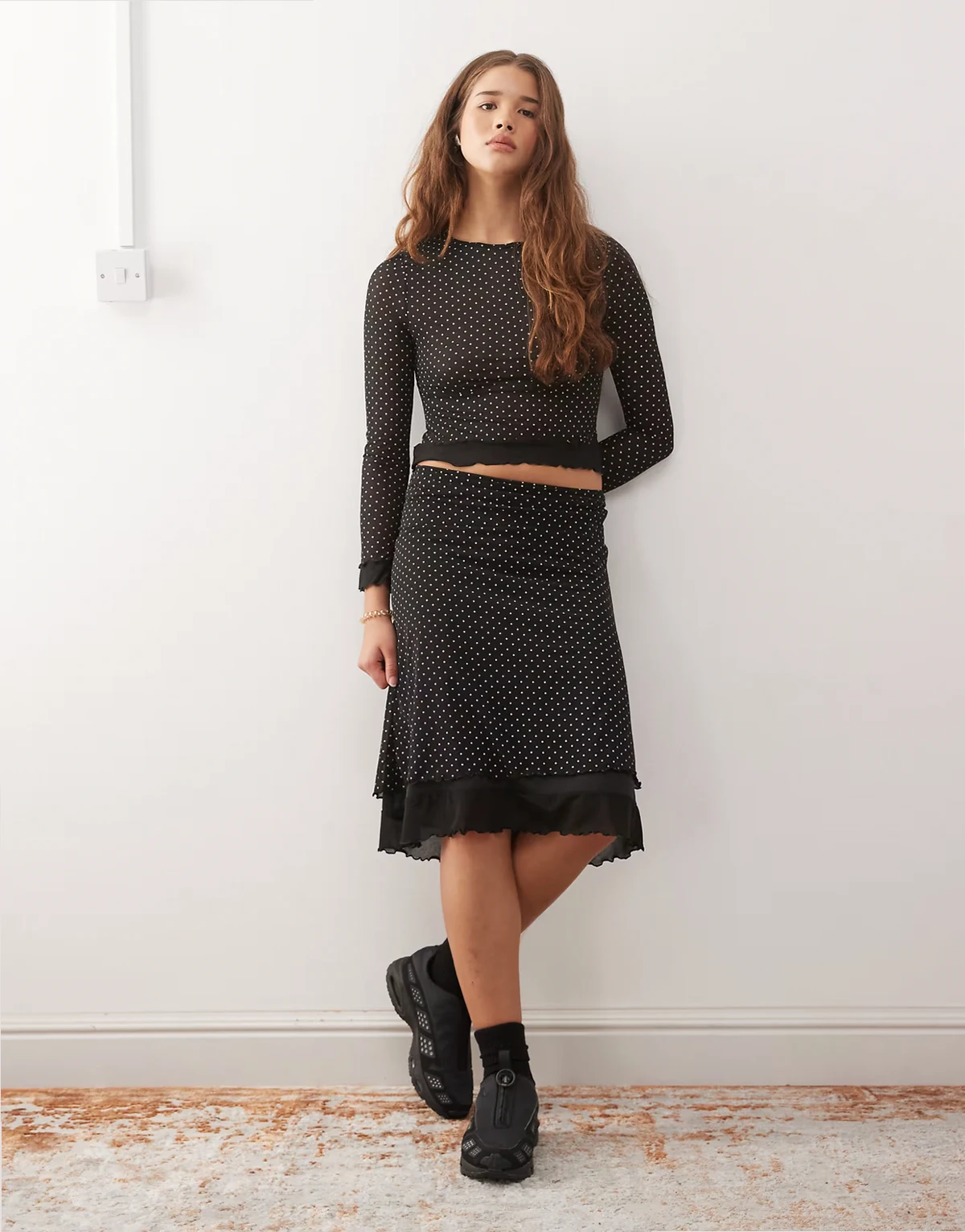 midi skirt with contrast trim in polka dot