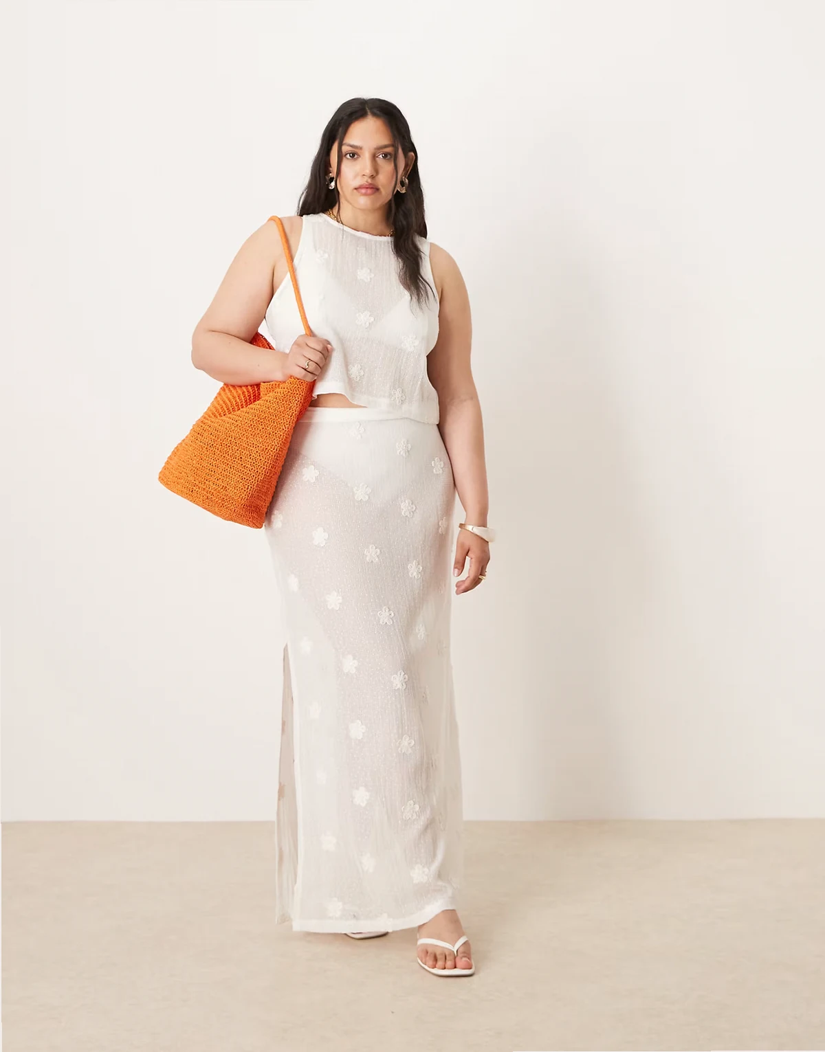 ASOS DESIGN Curve floral embroidery mesh tie side detail maxi skirt in white - part of a set