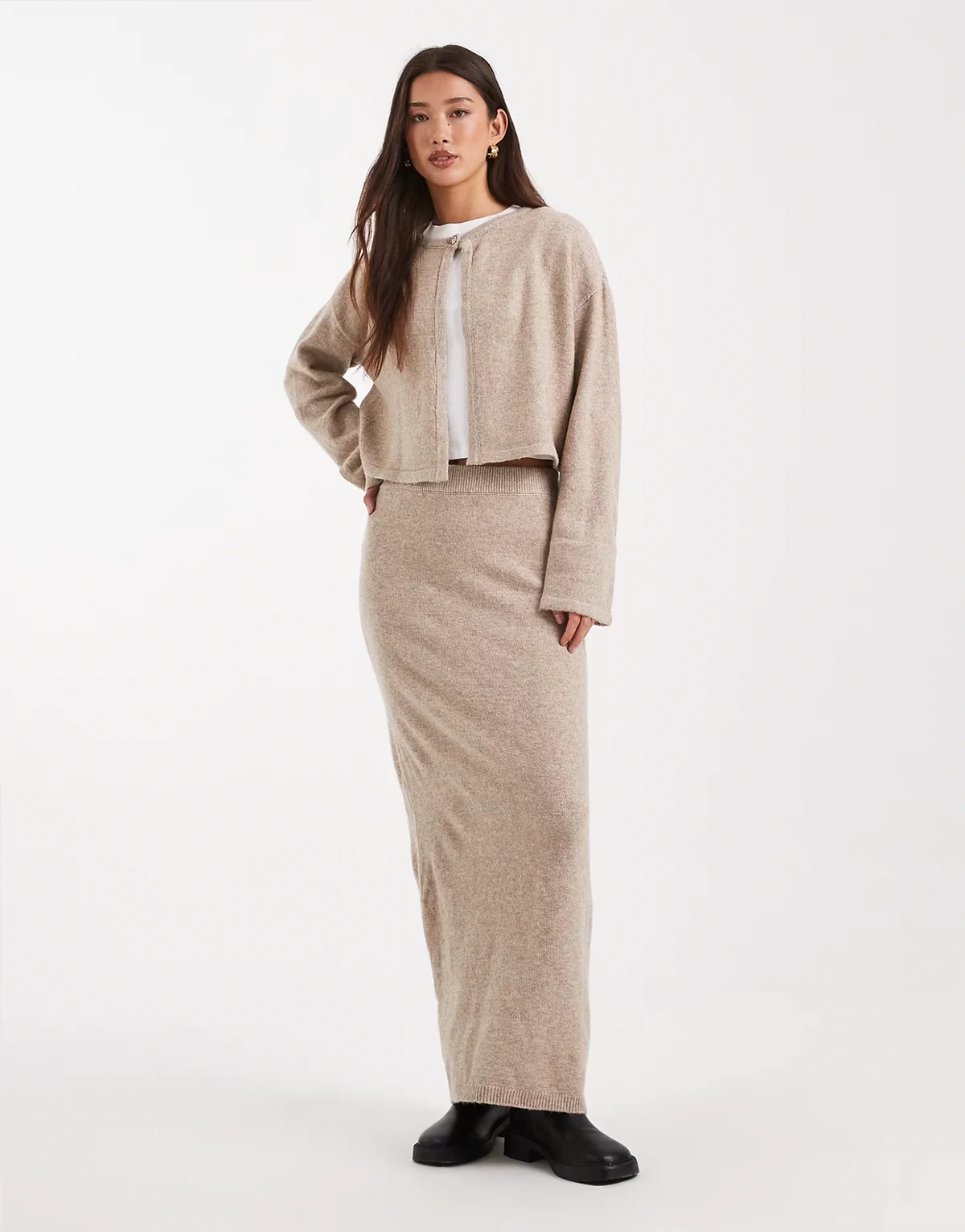 knit midi skirt in taupe/gray melange - part of a set