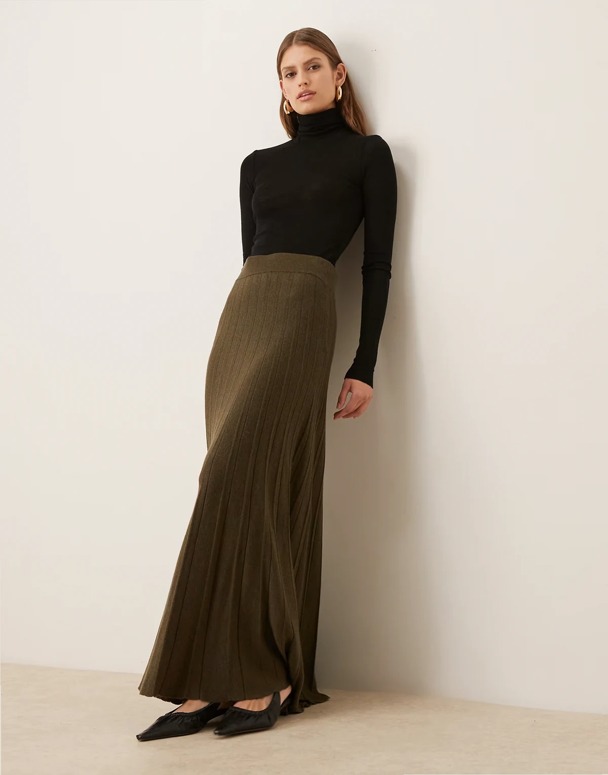 – Maxi-Faltenrock aus Wollmix in Khaki