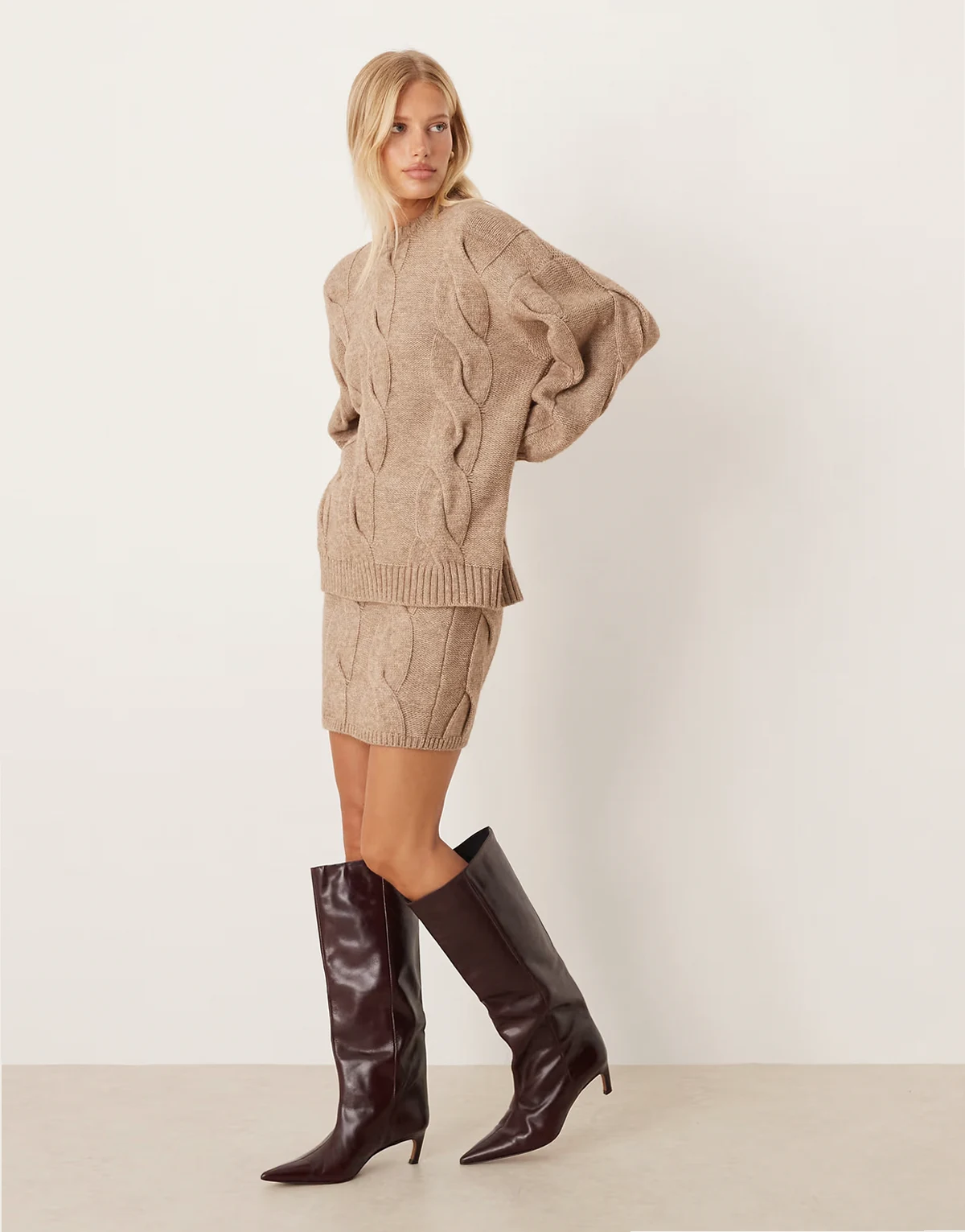 cable knit mini skirt in taupe - part of a set
