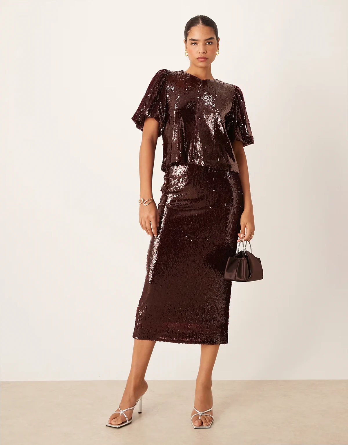 premium sequin midi skirt in burgundy - part of a set