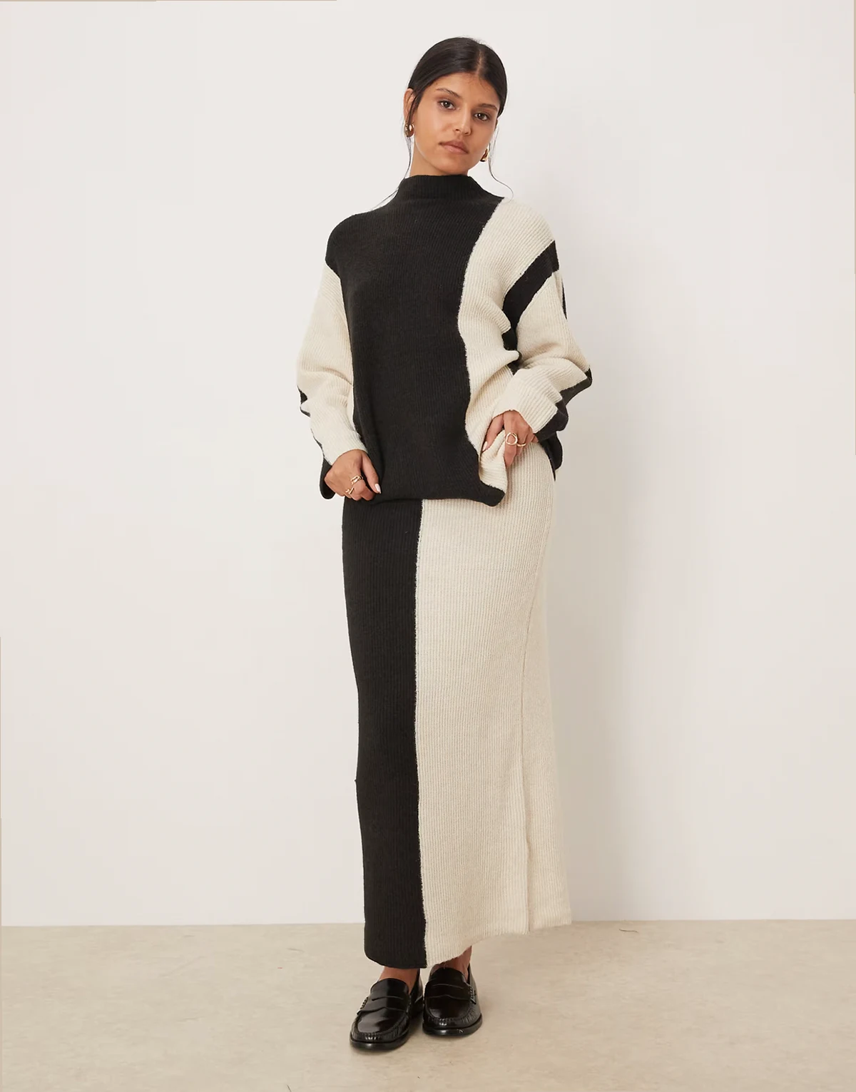 contrast knit maxi skirt in black and cream - part of a set