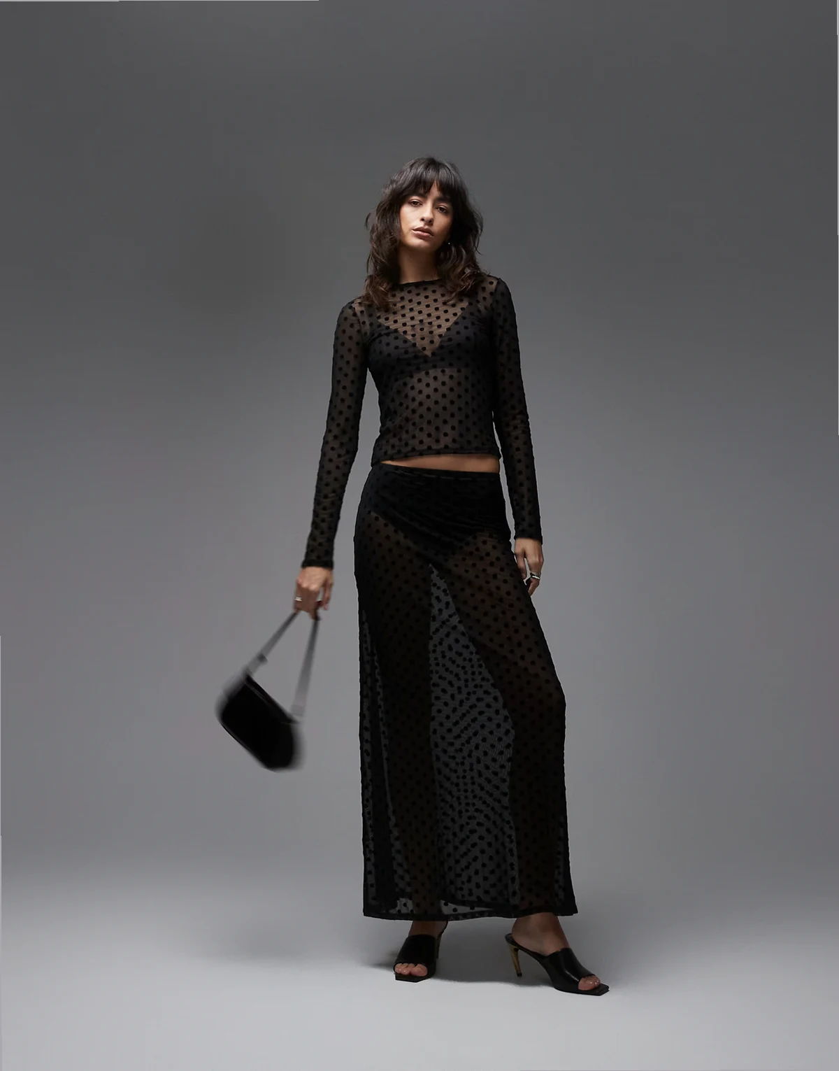 sheer mesh maxi skirt in black polka dot print
