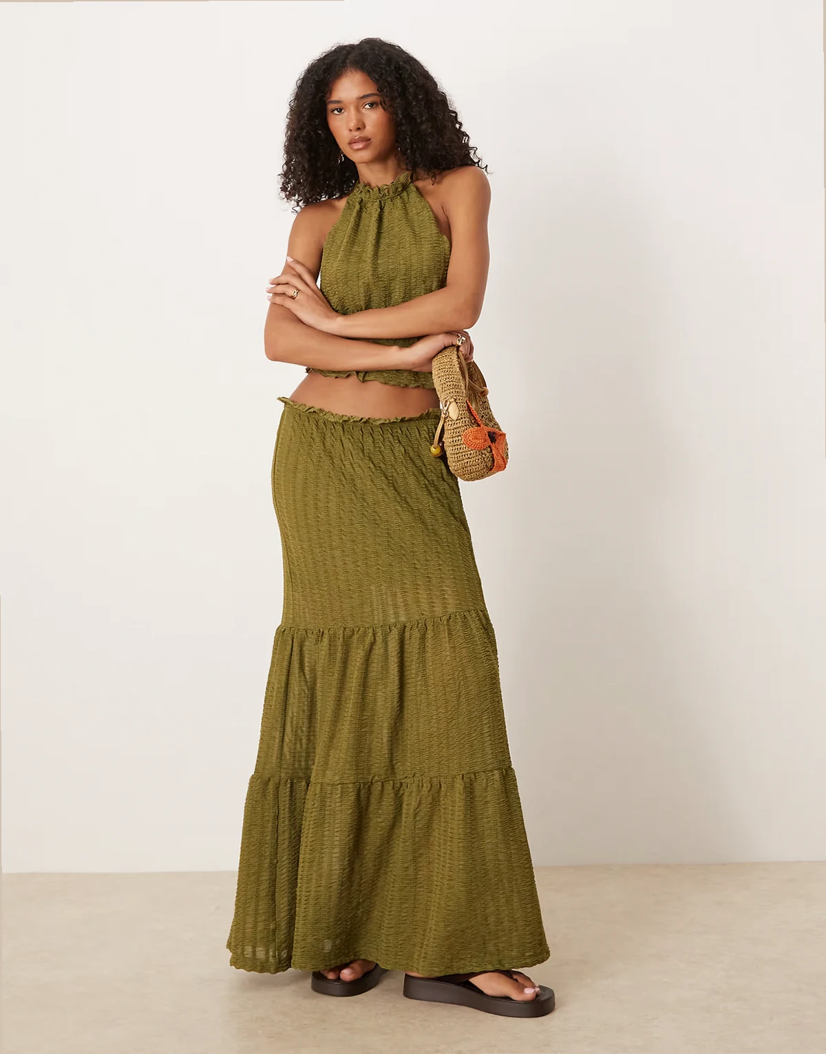 textured tiered maxi skirt in green - part of a set