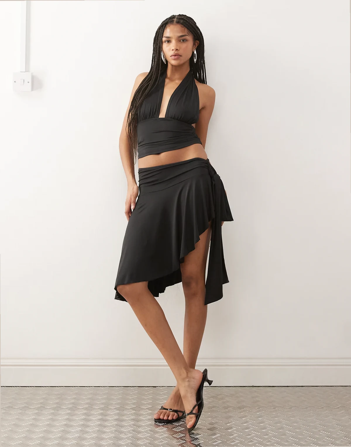 Safari ruched waist drape detailing asymmetric midi skirt in black - part of a set