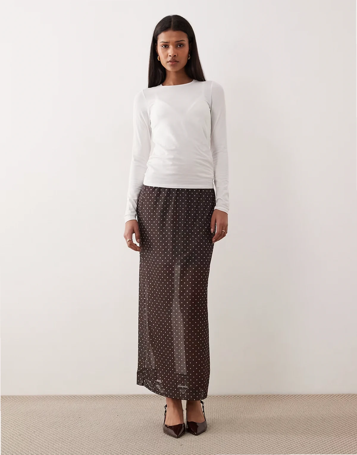 mesh midi skirt in brown polka dot