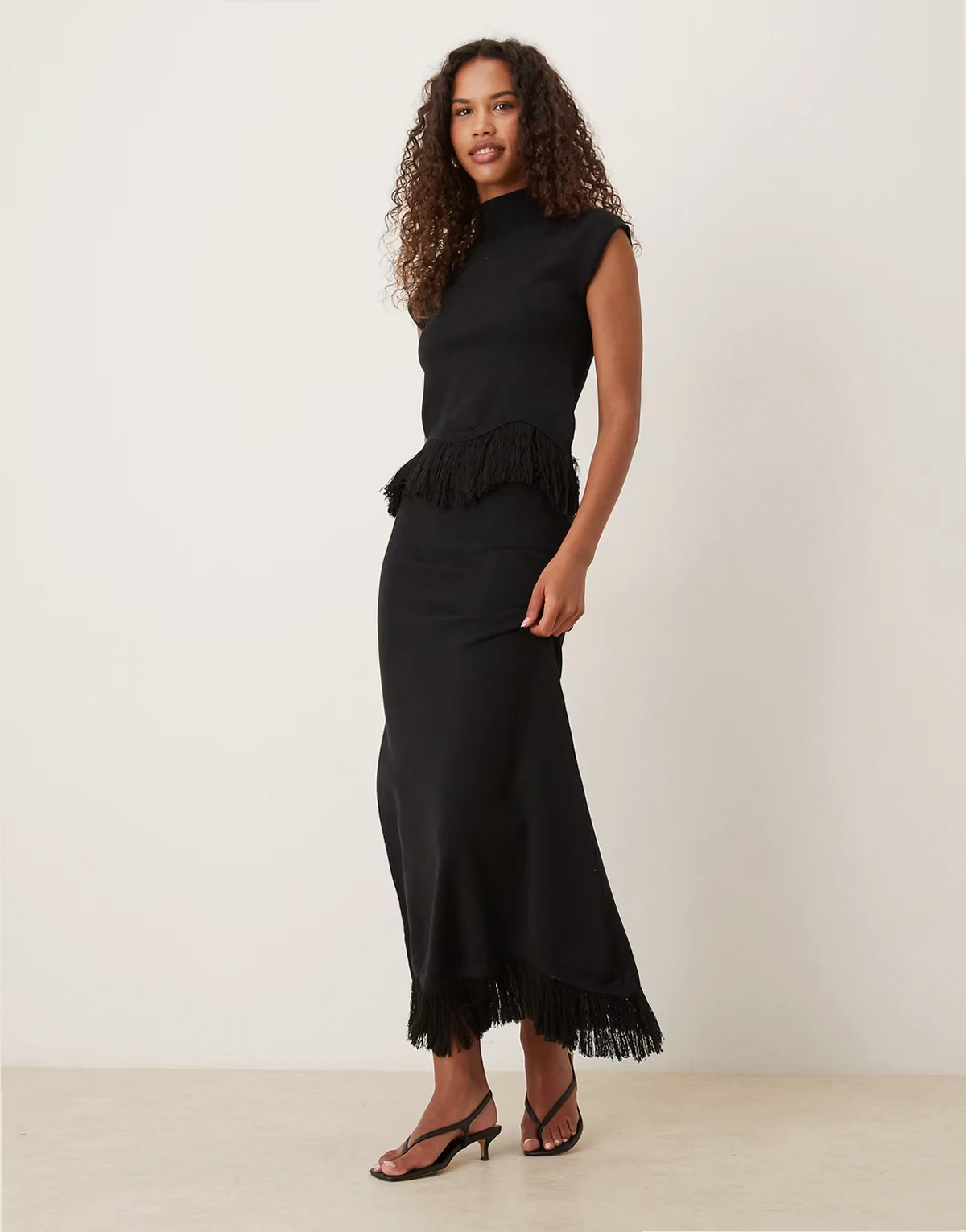 knit fringe hem maxi skirt in black - part of a set