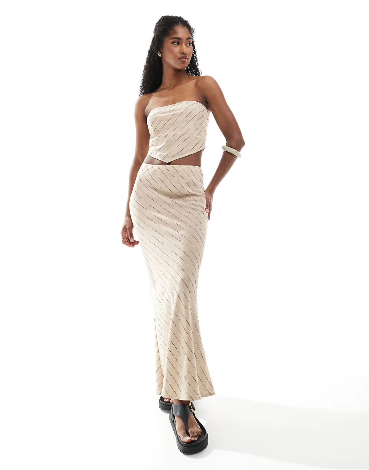 linen look bias maxi skirt in natural stripe - part of a set