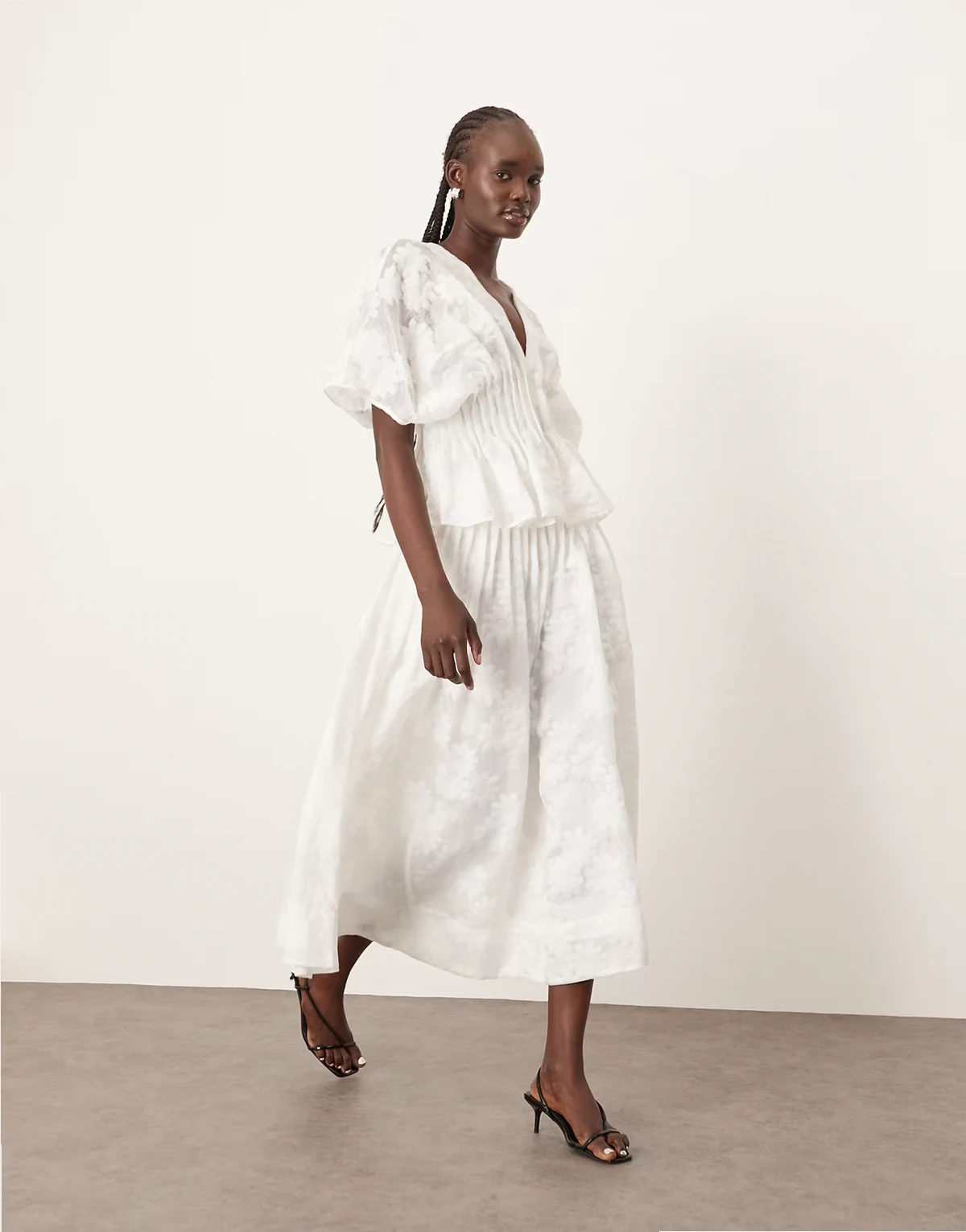 daisy organza pintuck dropped waist midi skirt in white - part of a set