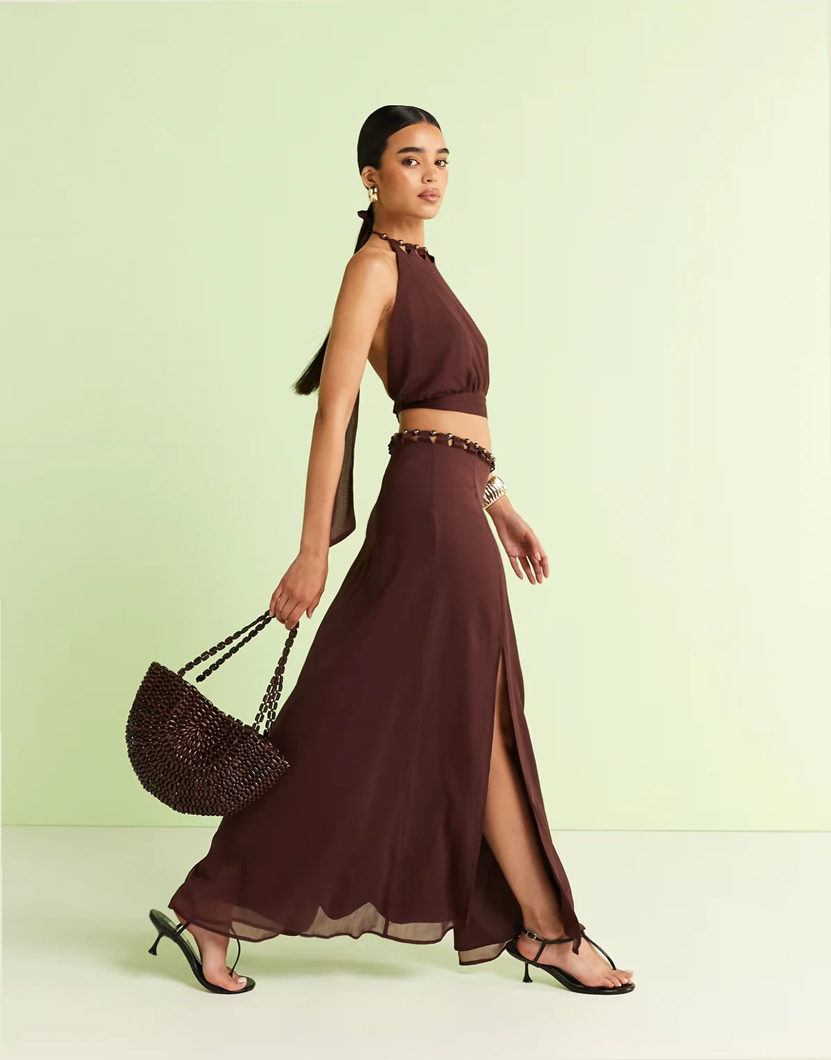 cut out beaded volume maxi skirt in brown - part of a set