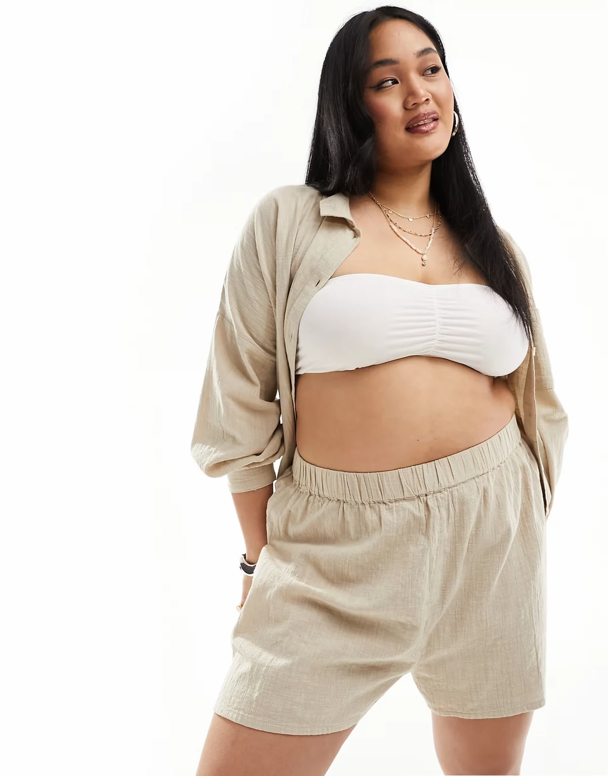 ASOS DESIGN Curve textured beach shorts in natural - part of a set
