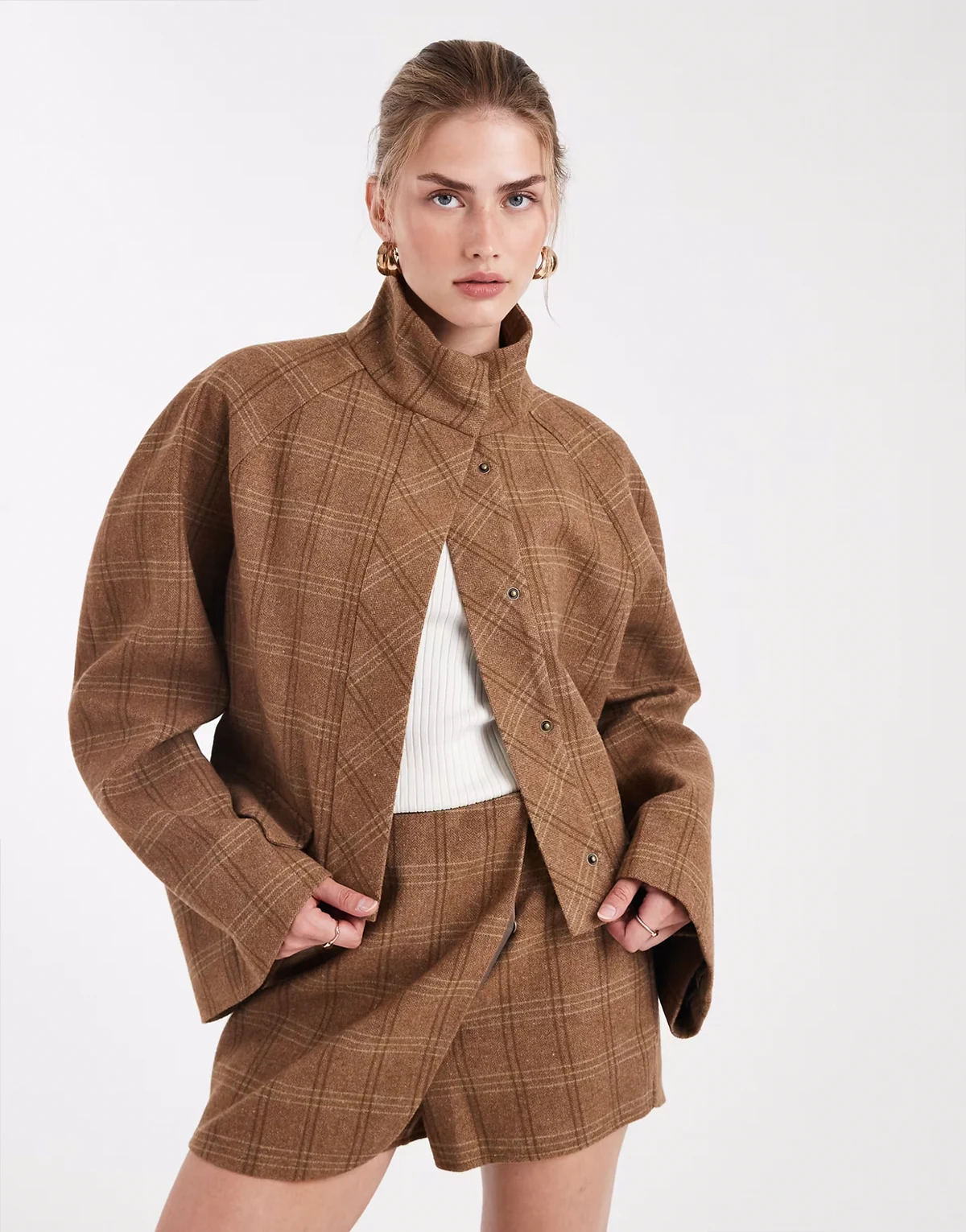 tailored funnel neck cropped jacket in brushed plaid - part of a set