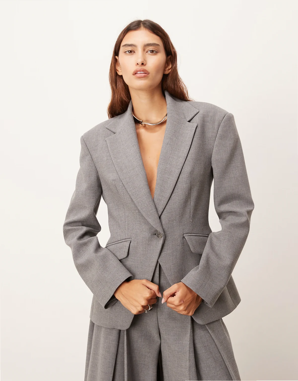 premium tailored blazer with cinched waist in gray - part of a set