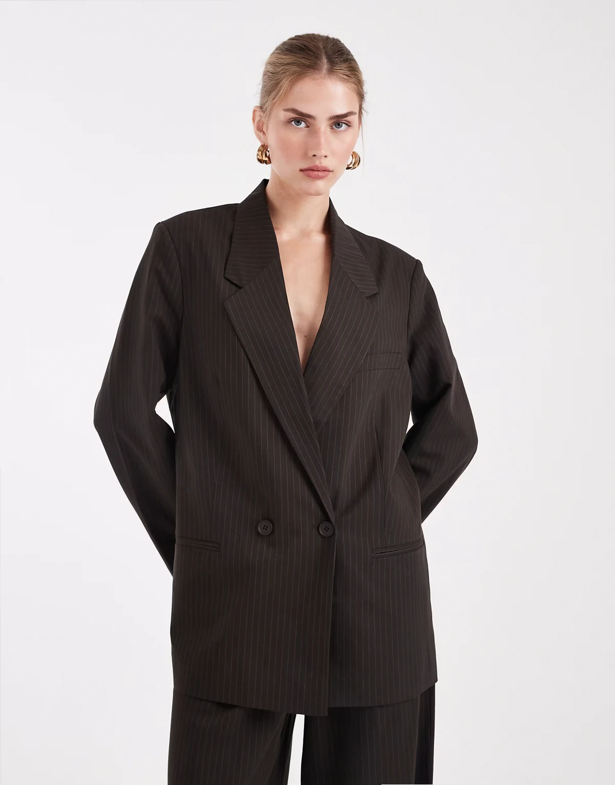 oversized double breasted blazer in brown pinstripe - part of a set