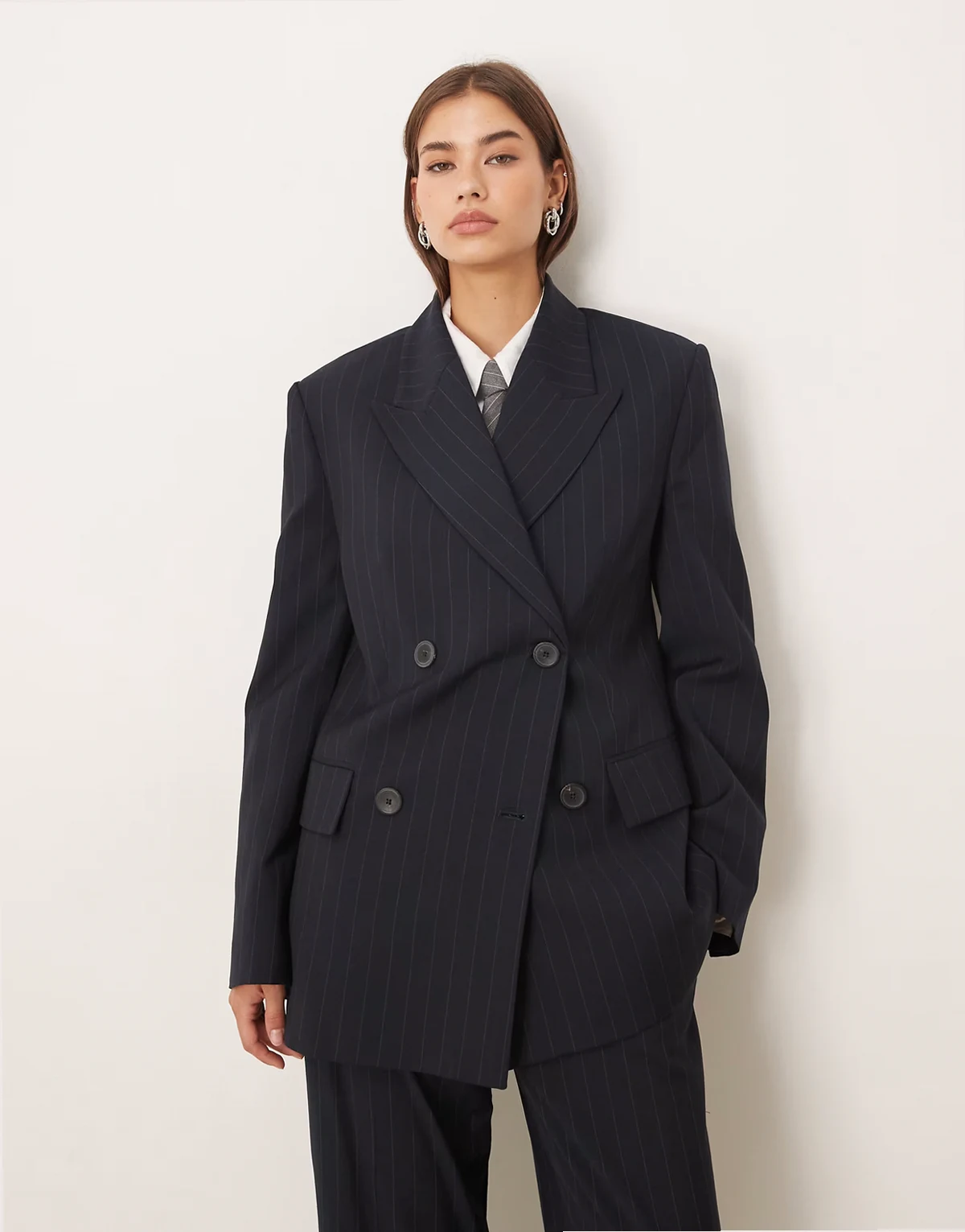 Varsovia tailored oversized blazer in navy pinstripe - part of a set