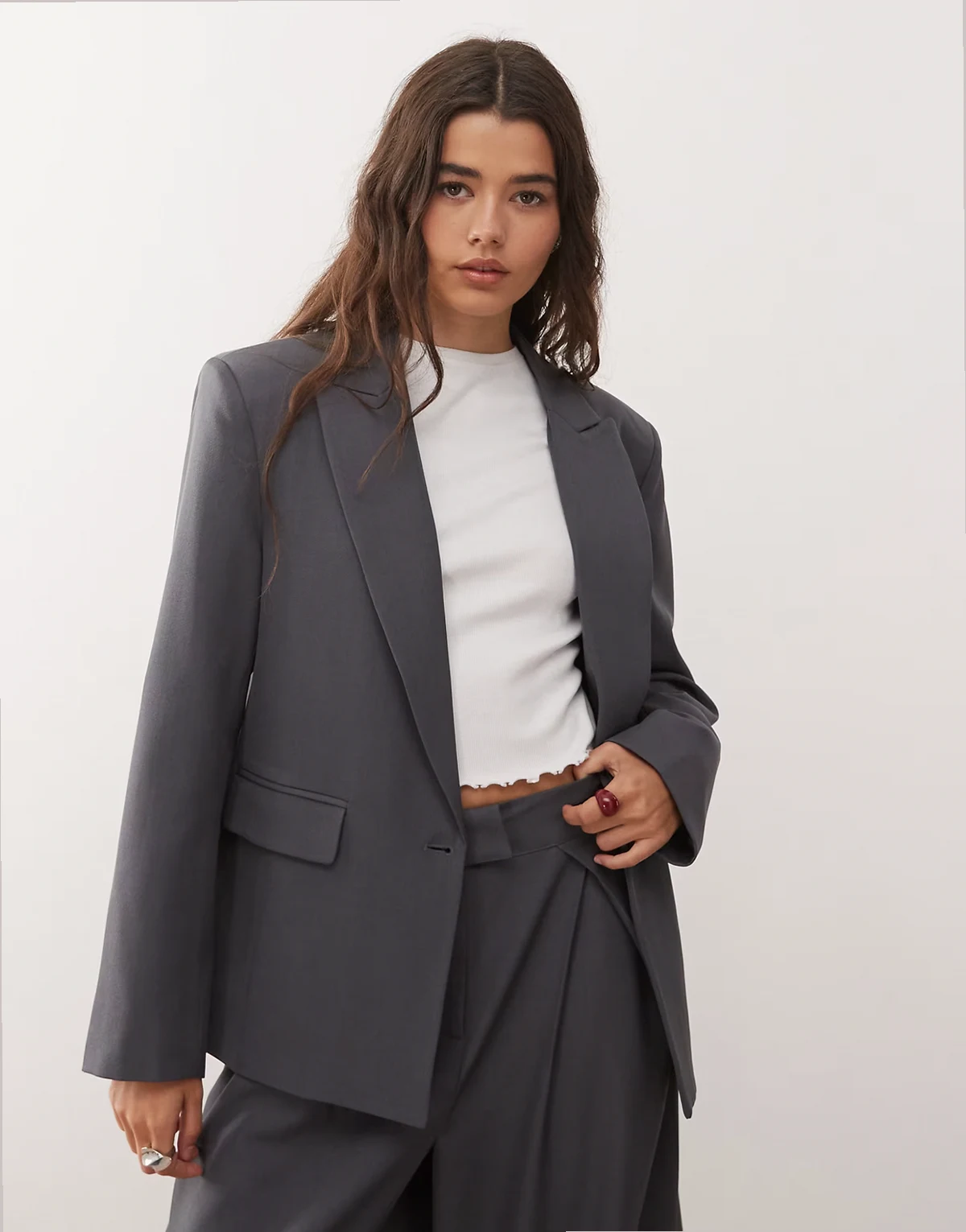 tailored single breasted oversized slouchy blazer in gray - part of a set