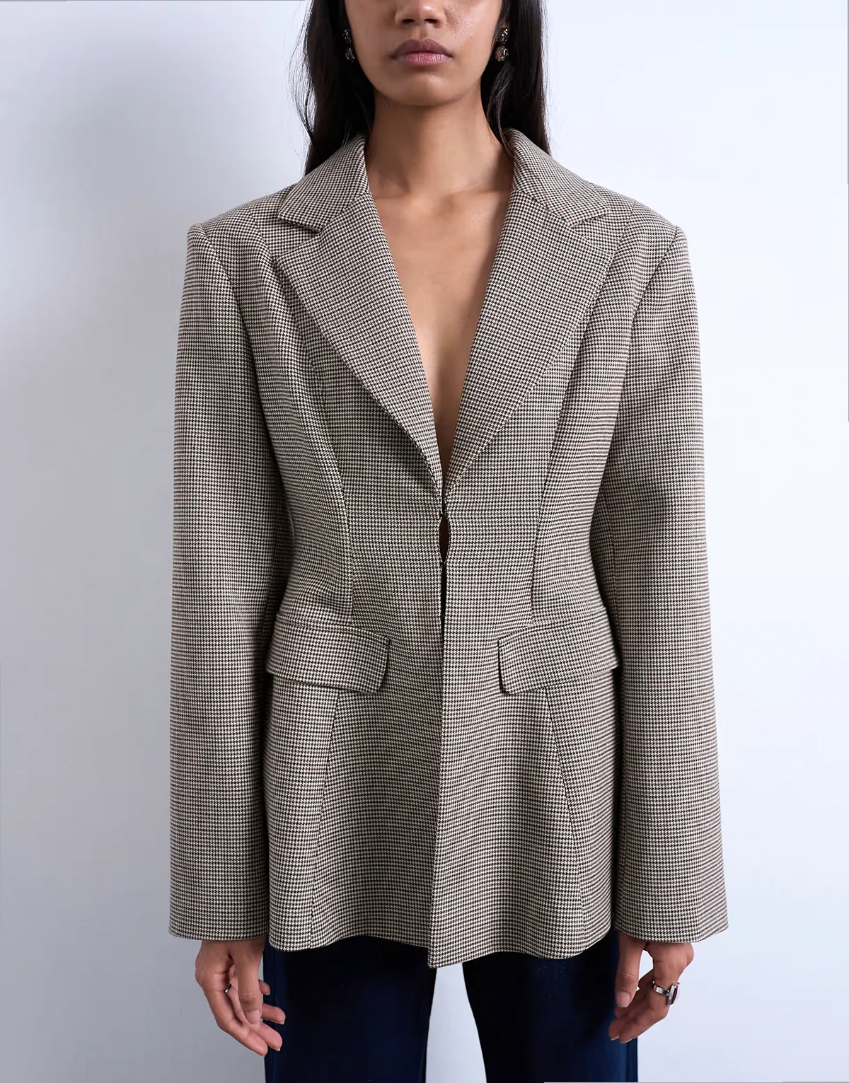 plaid cinched waist blazer in brown - part of a set