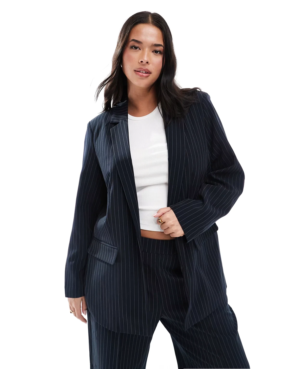 Pieces Curve tailored blazer in navy pinstripes - part of a set