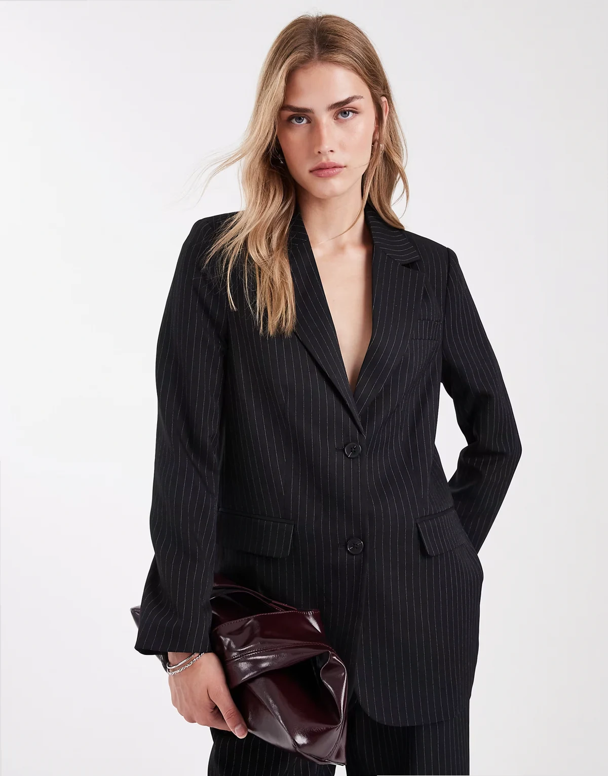 single breasted oversized blazer in black pinstripes - part of a set